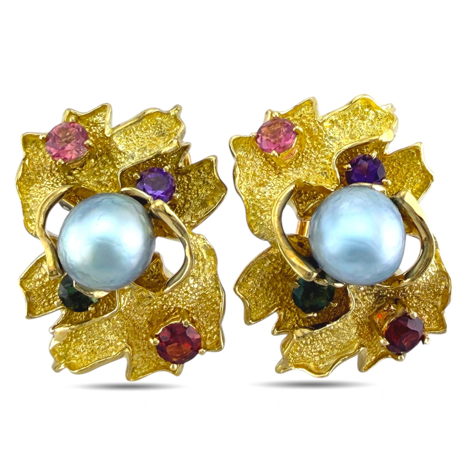 18K Yellow Gold Multi-Gemstone and Pearl Earrings: 18K Yellow Gold Multi-Gemstone and Pearl Earrings A sophisticated pair of 18K gold earrings featuring a harmonious arrangement of vivid gemstones surrounding a central pearl. Each earring showcases a 