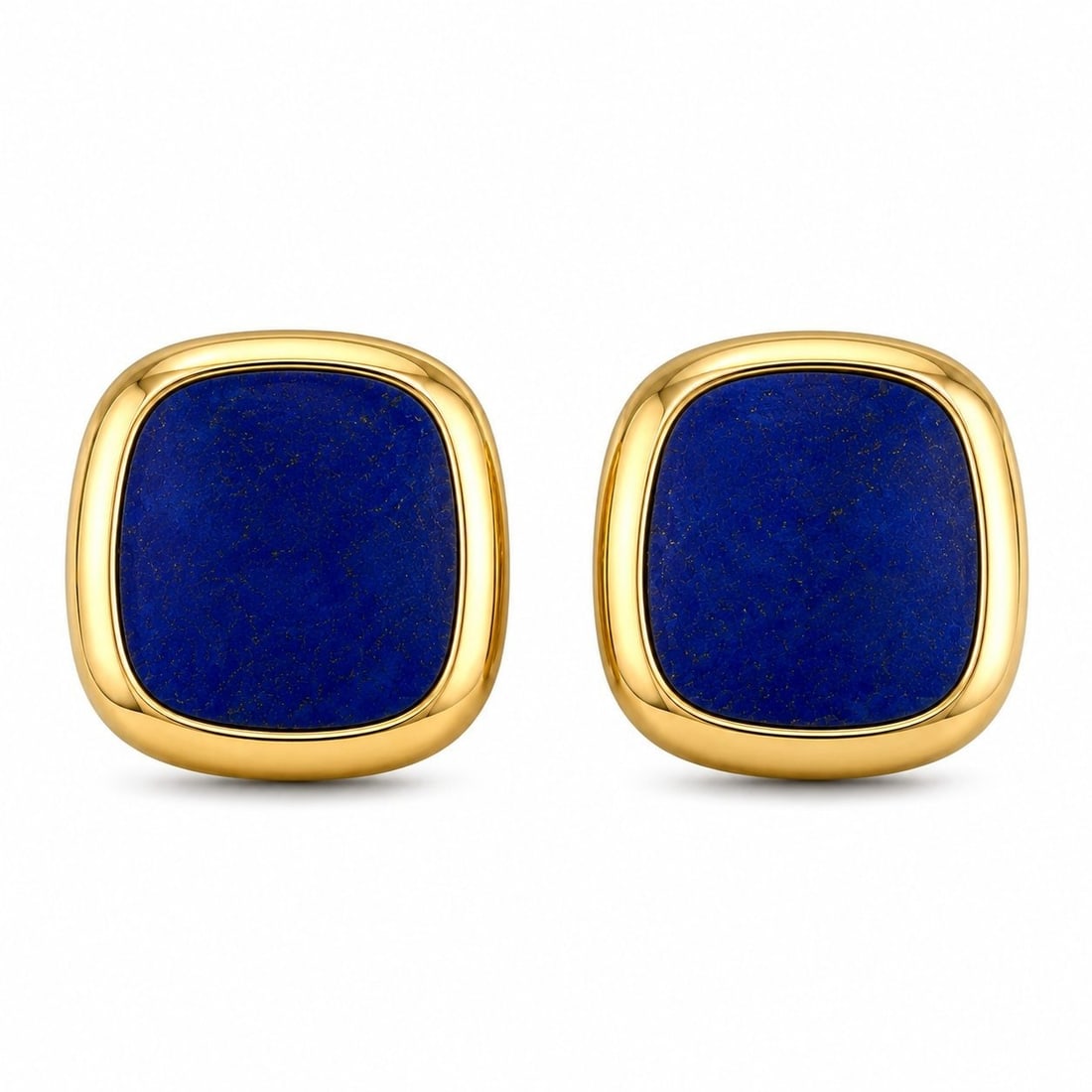 18K Yellow Gold Lapis Earrings: 18K Yellow Gold Lapis Earrings These elegant earrings are crafted in 18 karat yellow gold and feature lapis stone faces set into a softly squared design with rounded corners. The rich lapis surface co