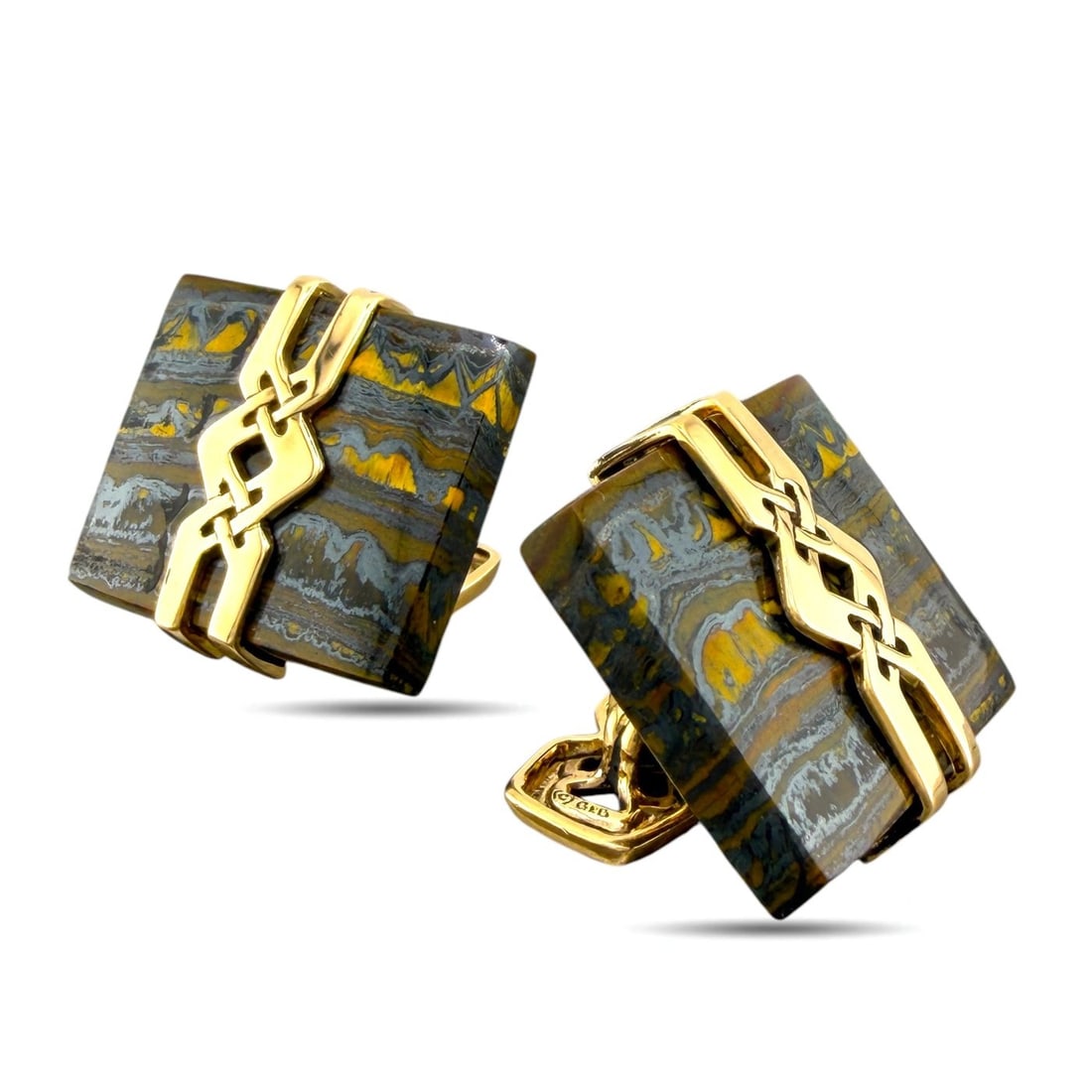 14K Yellow Gold Fossil Stone Cufflinks: 14K Yellow Gold Fossil Stone Cufflinks These cufflinks are crafted in 14K yellow gold and feature rectangular cut fossil stones with gold detailing running through the center of the design. The