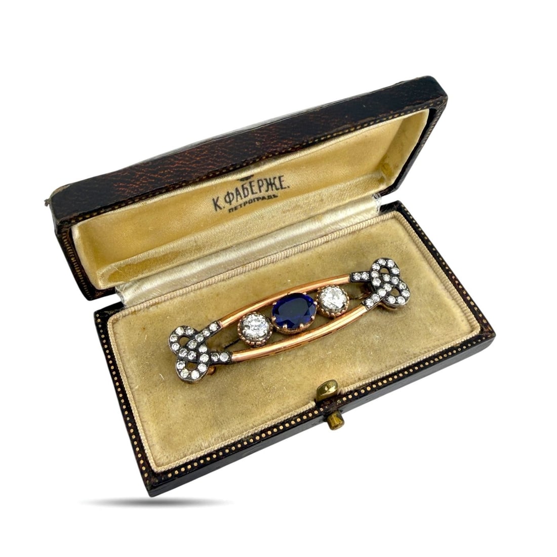 Imperial Russian Faberge 14K Rose Gold 2.00ct Sapphire and 1.96ct Diamond Brooch: Imperial Russian Faberge 14K Rose Gold 2.00ct Sapphire and 1.96ct Diamond Brooch by August Hollming This elegant Imperial Russian Fabergé brooch is crafted in 14K rose gold and attributed to the work