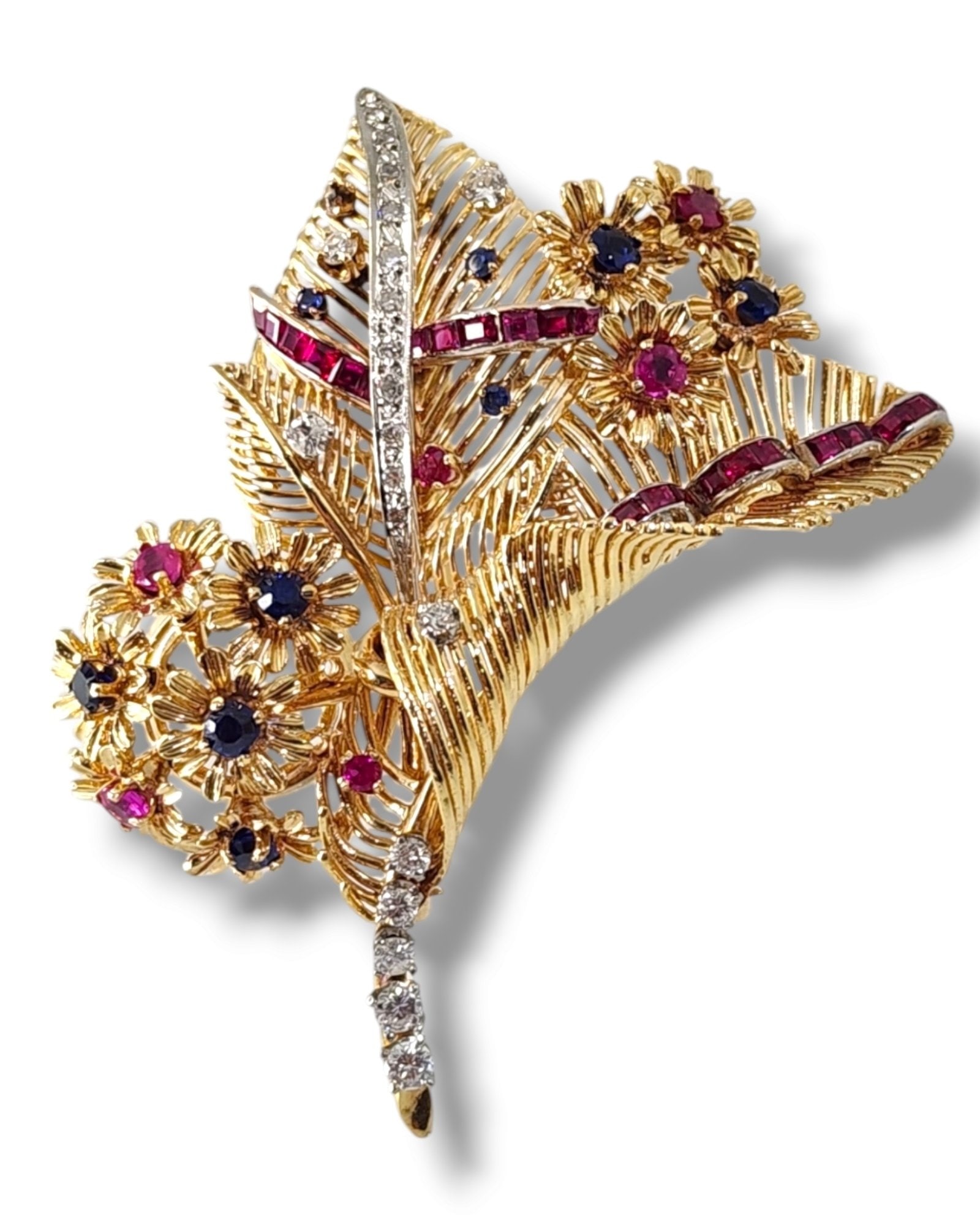 18K Yellow Gold Ruby and Diamond Flower Brooch: Amazing 14K Gold, Ruby and Diamond Flower Brooch Material; 14k Gold Diamonds: Natural round Diamonds, Total 0.68 Carats Size: 6.5cm Weight: : 22 Grams Condition : Please see photos