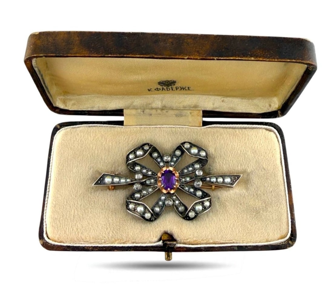 K. Faberge 56K Rose Gold Amethyst and Diamond Brooch: K. Faberge 56 Rose Gold Amethyst and 0.36ct Diamond Brooch A distinguished Imperial Russian brooch crafted in warm 14K rose gold and bearing the K.F mark of the House of Faberge. The elegant openwork