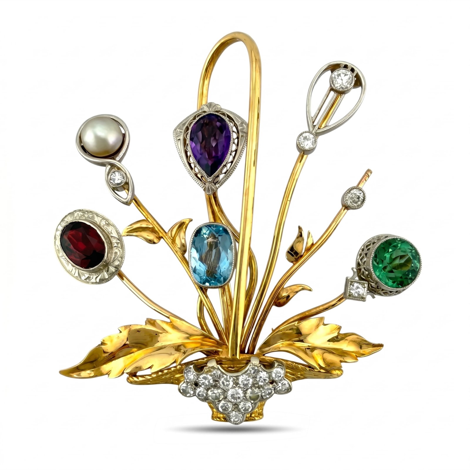 14K Yellow Gold Multi Gemstone and 1ct Diamond Basket Flower Brooch: 14K Yellow Gold Multi Gemstone and approximately 1.0ct Diamond Basket Flower Brooch A beautifully composed basket flower brooch crafted in 14 karat yellow gold, designed with blooming floral elements 