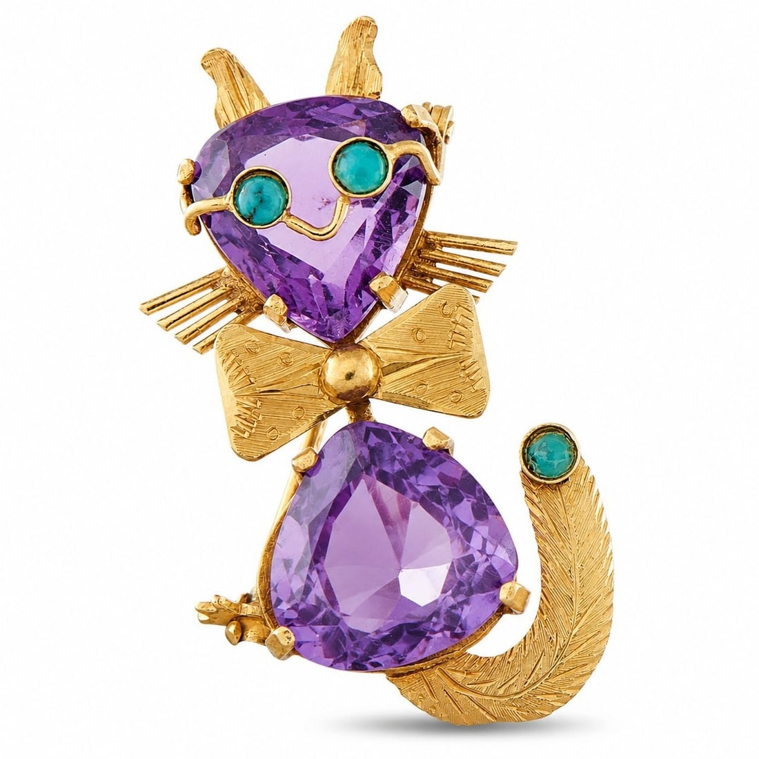 18K Yellow Gold Amethyst Turquoise Cat Brooch: 18K Yellow Gold Amethyst Turquoise Cat Brooch A whimsical figural brooch crafted in 18K yellow gold in the shape of a stylized cat. The cat’s head and body are formed by faceted amethysts, while cab
