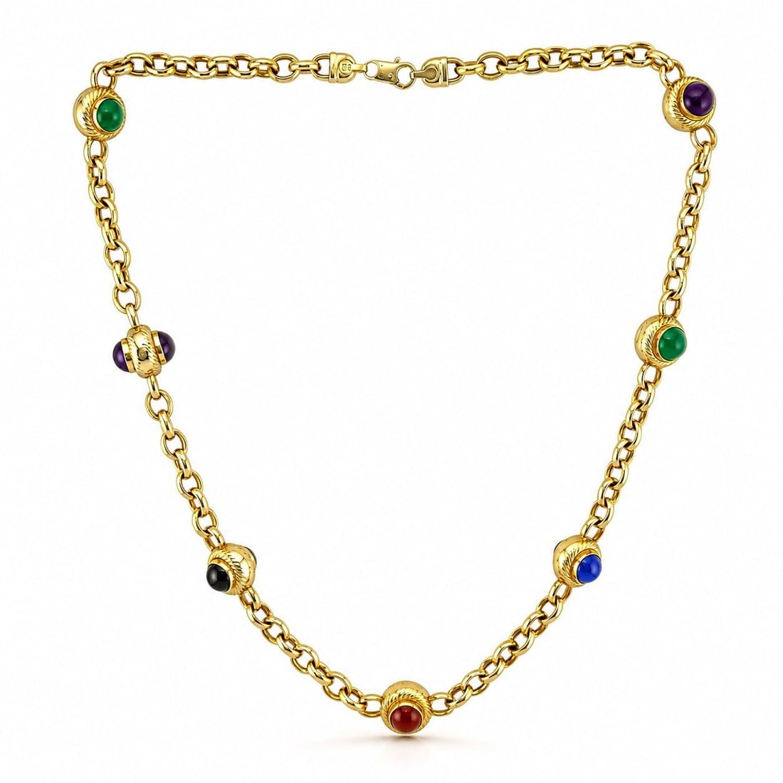Italian 14K Yellow Gold Multi Gemstone Cabochon Round Necklace: Italian 14K Yellow Gold Multi-Gemstone Cabochon Round Necklace This distinctive Italian necklace is crafted in 14K yellow gold and features a chain link design accented with cabochon round gemstones
