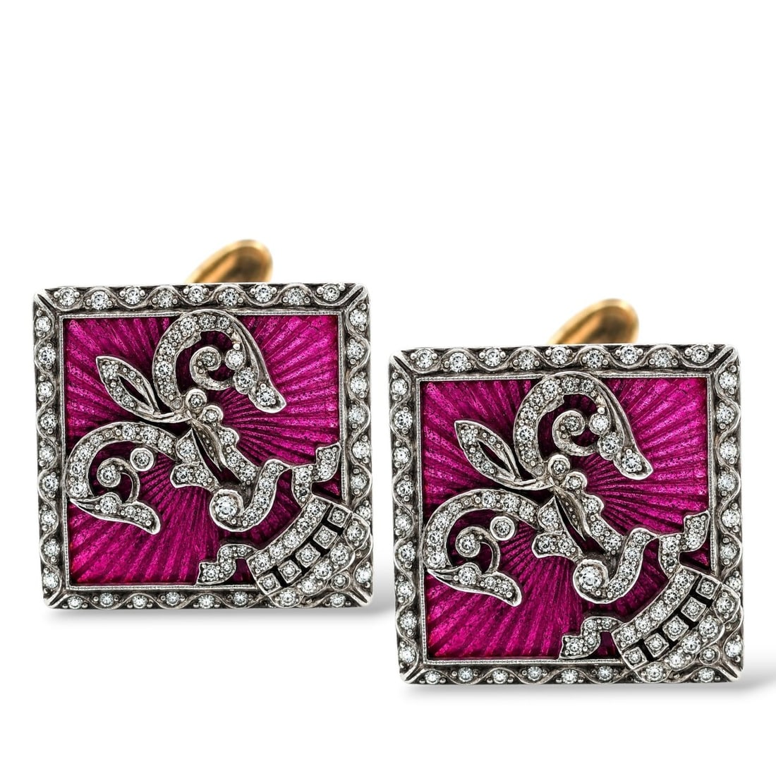 K.Faberge Imperial Russian 56 Yellow Gold Diamond & Pink Enamel Imperial Crown Cufflinks: K.Faberge Imperial Russian 56 Yellow Gold Diamond & Pink Enamel Imperial Crown Cufflinks An exceptional pair of Imperial Russian Faberge cufflinks crafted in 14K yellow gold by August Hollming, one