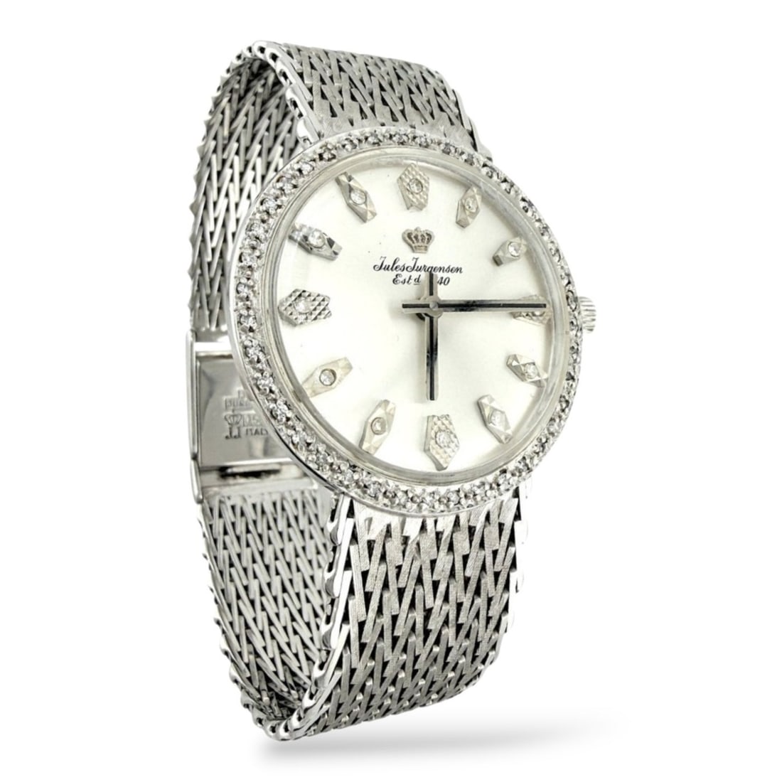 Jules Jurgensen 14K White Gold Diamond Watch: Jules Jurgensen 14K White Gold Diamond Watch A refined Jules Jurgensen wristwatch crafted in 14K white gold, featuring a 32 mm case accented by a diamond-set bezel. The silver dial is finished with