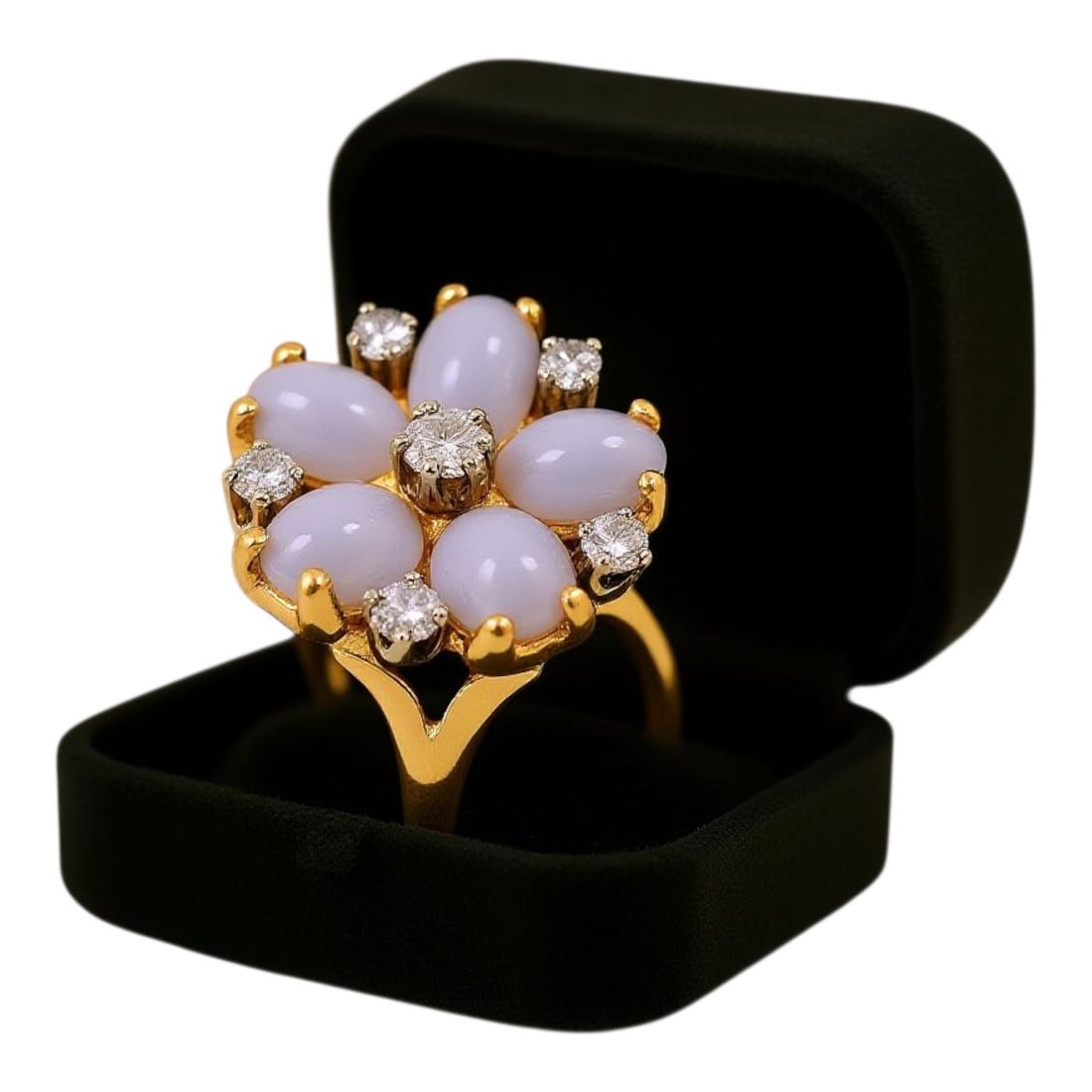 14K Yellow Gold Flower Design Ring: 14K Yellow Gold Flower Design Ring with Diamonds Weight: - 6.35 Grams Size: - 56 EU/US 7. 1/2 Diamonds: - 6 Natural Total Diamonds, 0.54 Total Diamond Carat Weight Condition: - Excellent