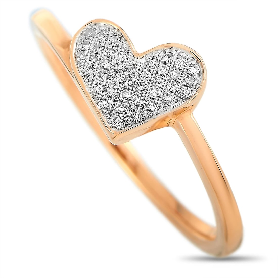 14K Rose Gold 0.09 ct Diamond Heart Ring: 14K Rose Gold 0.09 ct Diamond Heart Ring This ring is made of 14K rose gold and embellished with diamonds that amount to 0.09 carats. The ring weighs 2.4 grams and boasts band thickness of 2 mm and