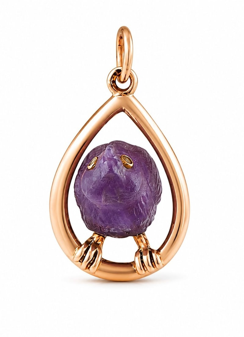 A Faberge 56 Gold and Amethyst Pendant: A Faberge 56 Gold and Amethyst Pendant, Work master Feodor Afanasiev, St. Petersburg, 1909-1917 PROVENANCE: - SOTHEBYS, 26 November 2019, Lot 338. This Faberge pendant is crafted in 14K rose gold in a