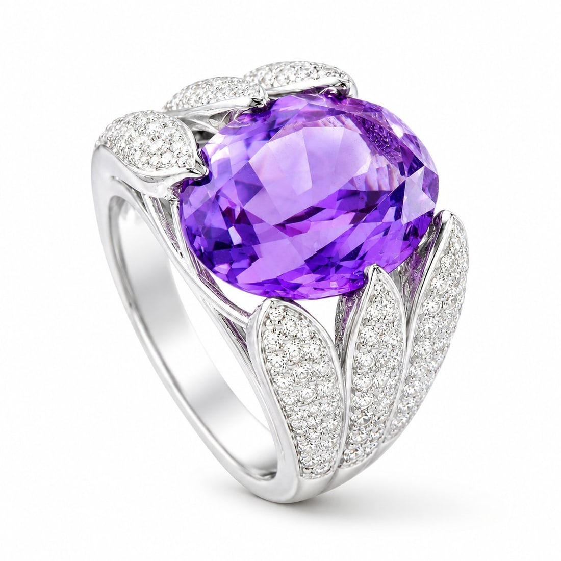 EXCLUSIVE 18K White Gold 1.10ct Diamond and 10.0ct Amethyst Ring Large: EXCLUSIVE 18K White Gold 1.10ct Diamond and 10.0ct Amethyst Ring Large Add a stylish pop of color to any outfit with this breathtaking ring. The detailed 18K White Gold setting enhances the beauty of 