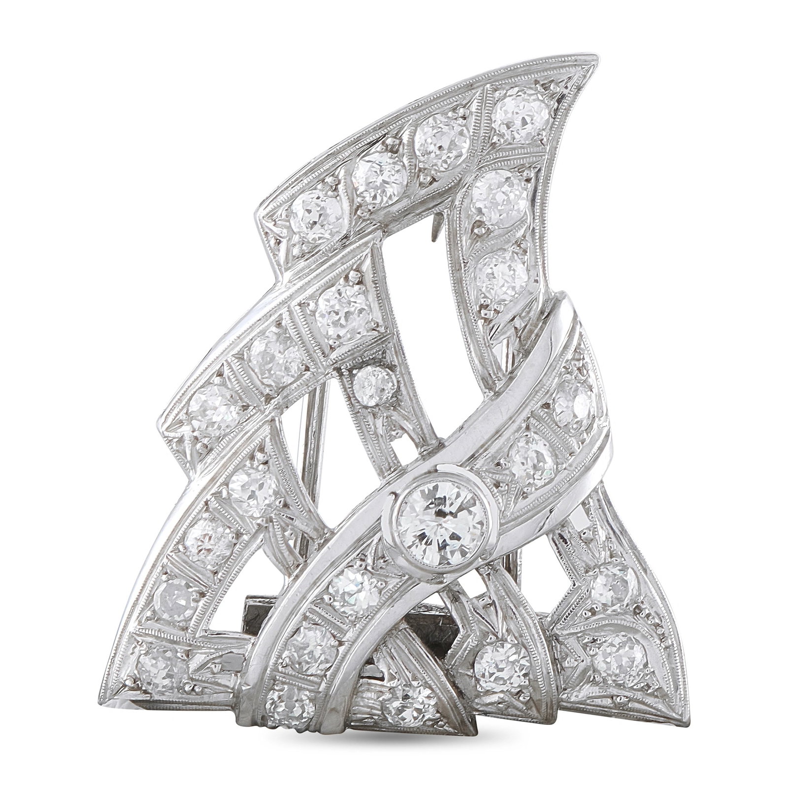 Platinum 1.30ct Diamond Brooch: This brooch is crafted in platinum in a bold Art Deco-inspired fan design. It is set with 1.30 carats of round brilliant diamonds arranged in geometric ribbons of pave. The piece weighs 11.0 grams and