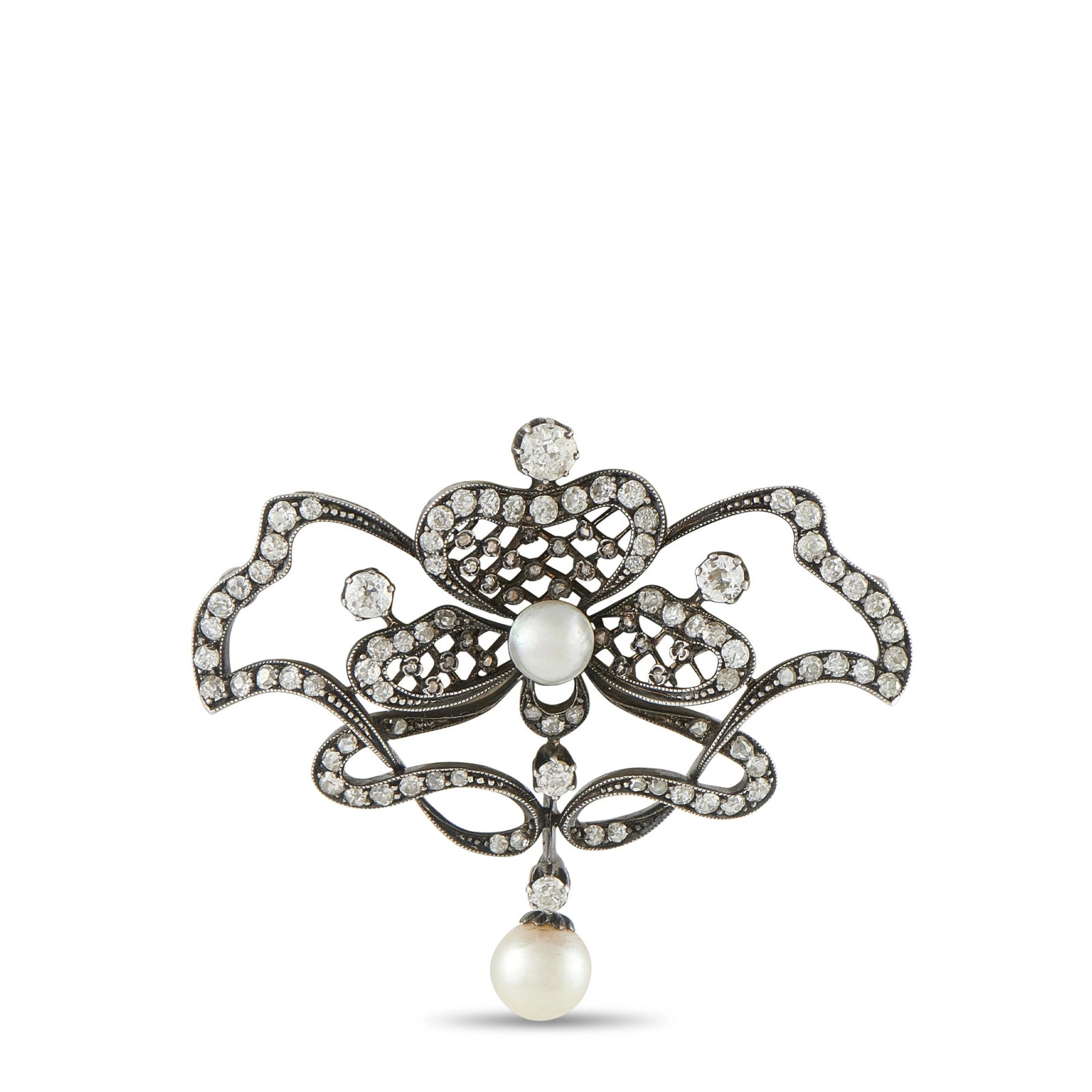 Antique 14K White Gold and Silver 1.70ct Diamond and Pearl Brooch: This antique Victorian-style brooch is crafted in 14K white gold with silver top detailing, forming an intricate bow and ribbon motif. It is set with approximately 1.70 carats of old-cut diamonds, cen