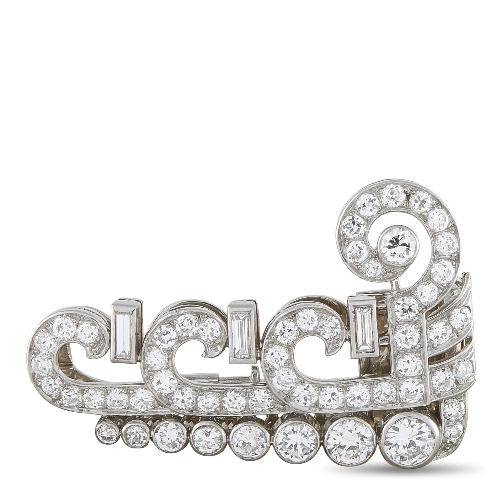 Antique Platinum 1.50ct Diamond Art Deco Scroll Brooch: This antique Art Deco brooch is crafted in platinum in a scrolling wave design set with round brilliant and baguette-cut diamonds totaling approximately 1.50 carats. It is secured with a pin closure a
