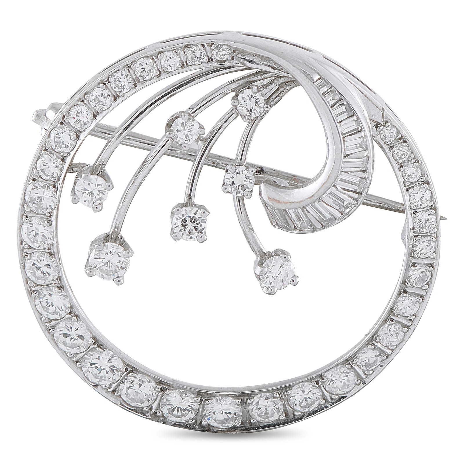 Platinum 1.30ct Diamond Circle Brooch: This vintage brooch is crafted in platinum in an openwork circular design, centering a diamond-set spray motif of round brilliant and baguette-cut diamonds totaling approximately 1.30 carats. It is se
