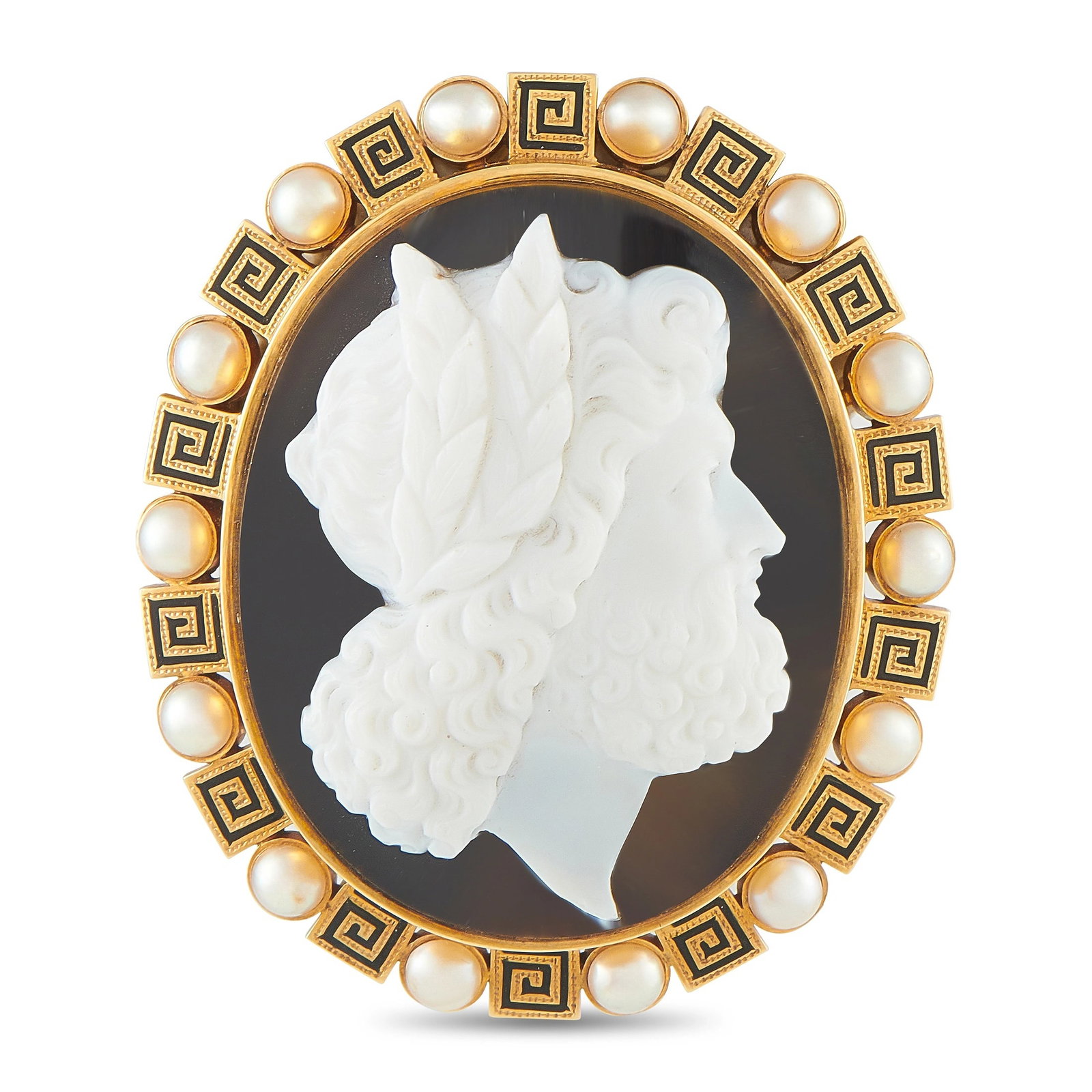 Antique 18K Yellow Gold Mudstone and Pearl Cameo Brooch: This antique brooch is crafted in 18K yellow gold and features a finely carved banded mudstone cameo depicting a classical laureled figure in profile, accented with natural pearls. The reverse is engr