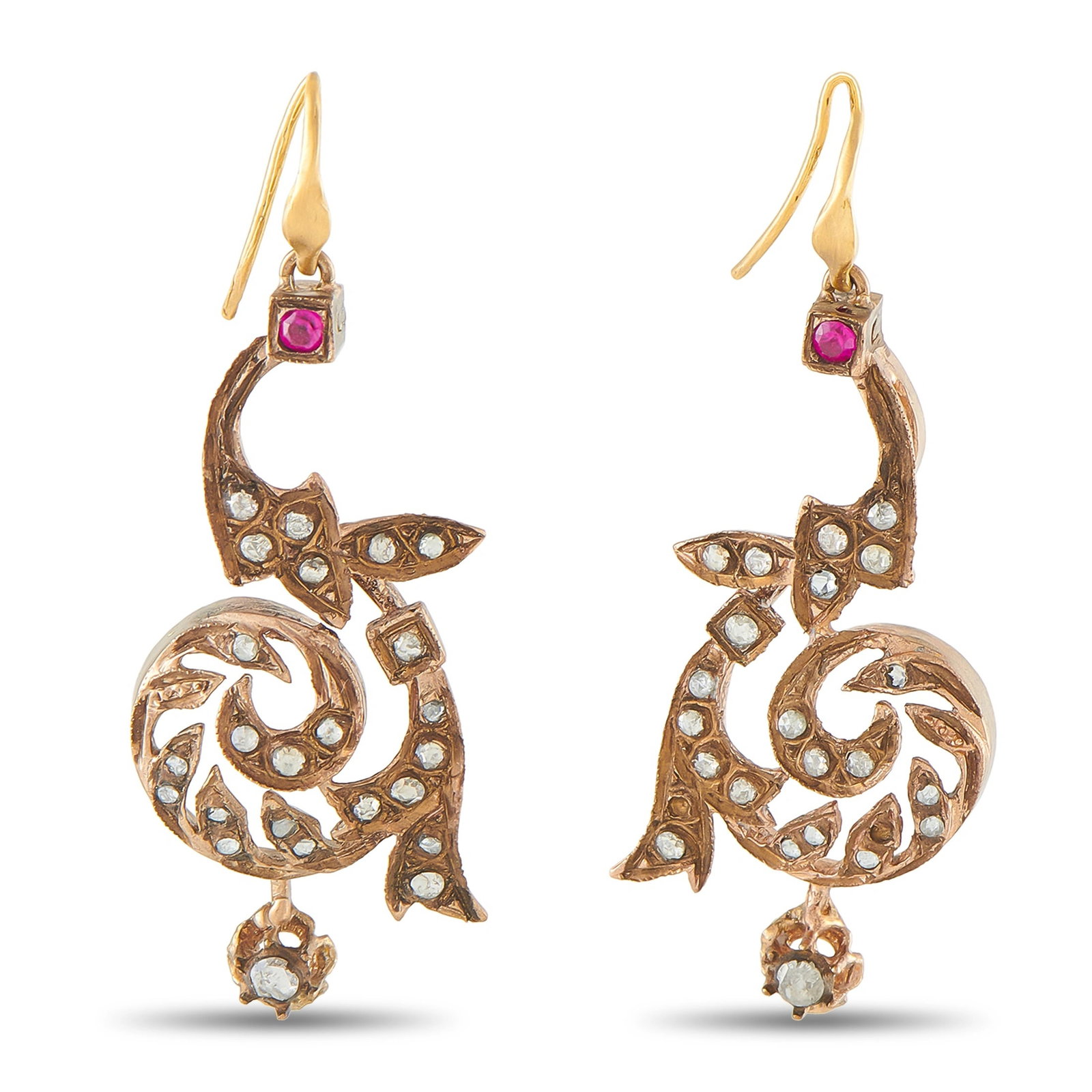 Antique 9K Rose Gold 1.0ct Diamond and Ruby Drop Earrings (1 of 3)