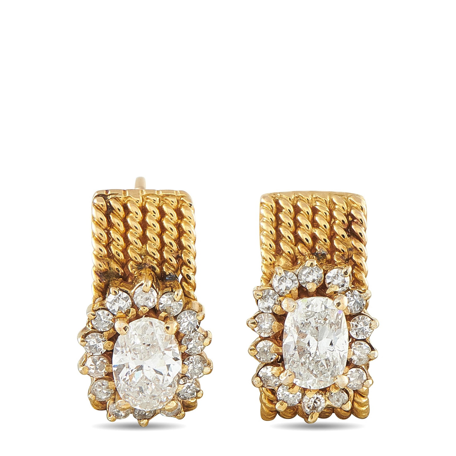 14K Yellow Gold 1.25ct Diamond Earrings: These 14K yellow gold drop earrings feature oval-cut diamond centers surrounded by a halo of round diamonds, set within a textured, ribbed rope-design gold frame, totaling approximately 1.25ct TW. Eac