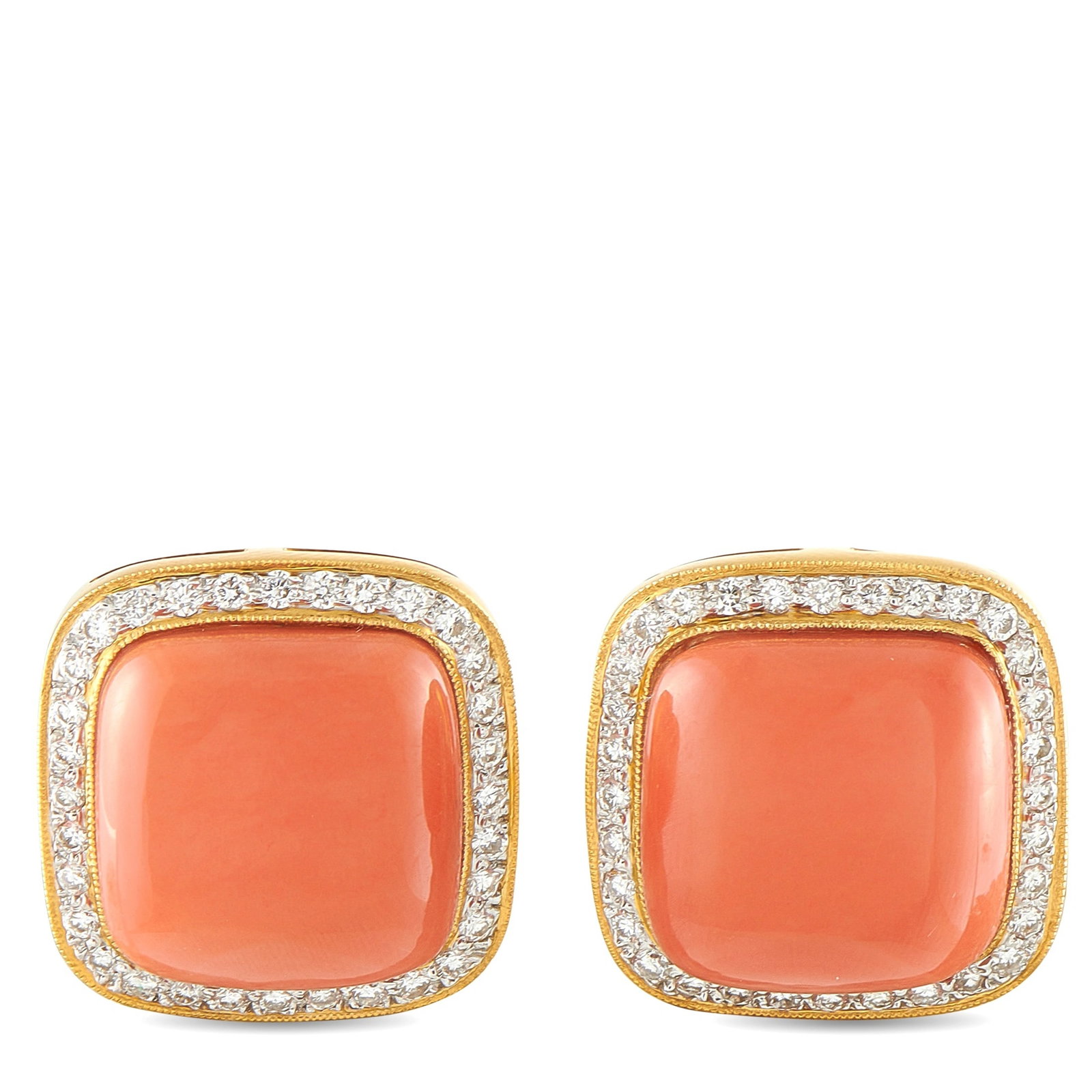 18K Yellow Gold 0.65ct Diamond and Coral Earrings: This estate pair of 18K yellow gold stud earrings features cushion-cut coral cabochons framed by a halo of round brilliant diamonds totaling approximately 0.65 carats. The earrings weigh 17.5 grams to