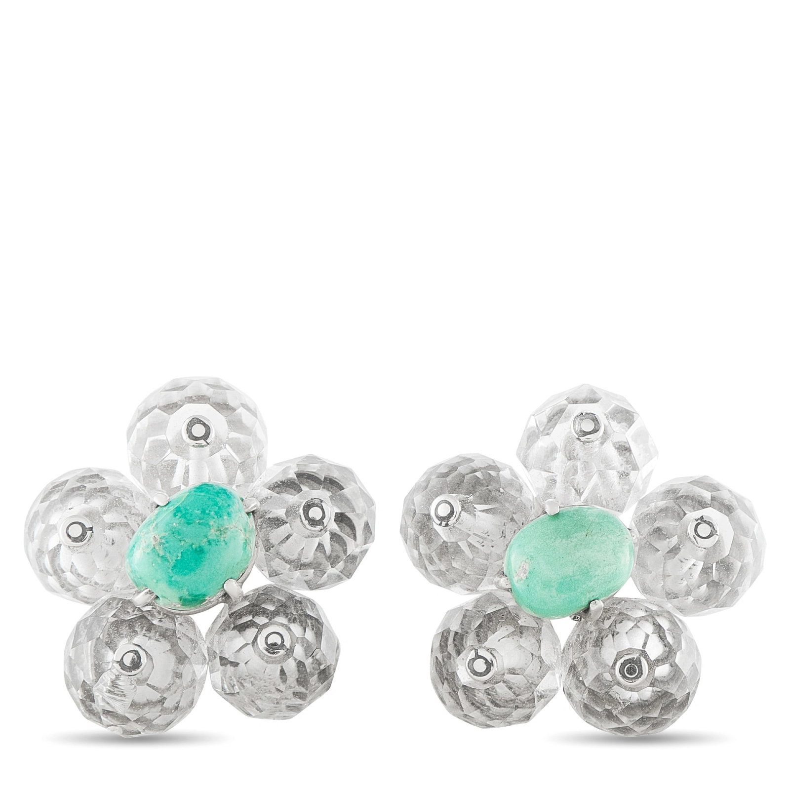 14K White Gold Turquoise and Crystal Earrings: These flower-motif earrings are crafted in 14K white gold, each set with a cabochon turquoise center surrounded by faceted rock crystal petals. The pair weighs 23.0 grams total and includes a gift box