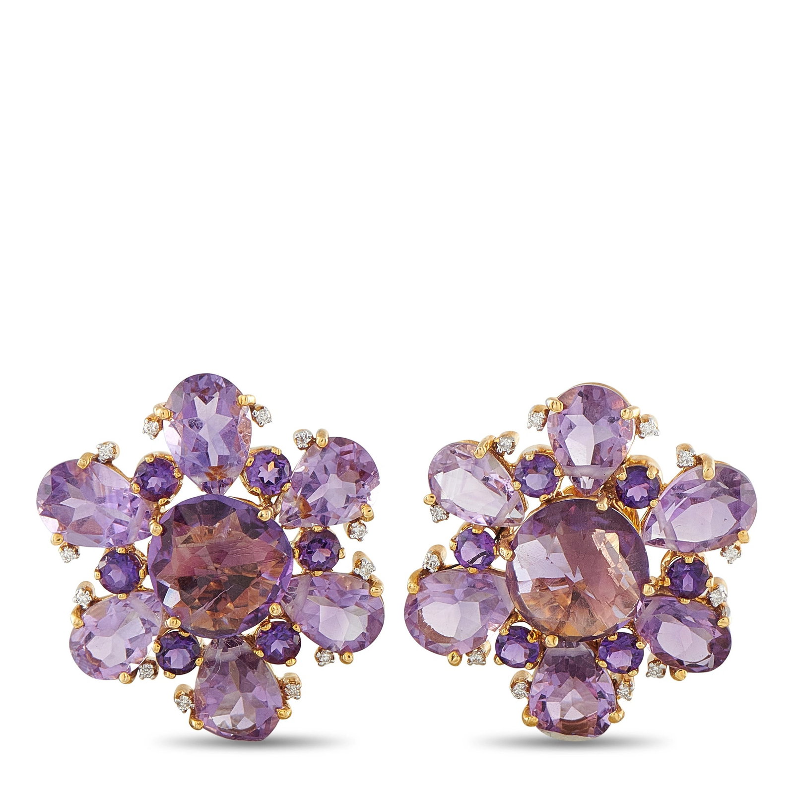 14K Yellow Gold 0.26ct Diamond Amethyst Flower Earrings: These 14K yellow gold flower cluster earrings showcase pear and oval-cut amethysts of varying purple tones arranged in a floral motif, accented with round diamonds totaling approximately 0.26ct. Each 