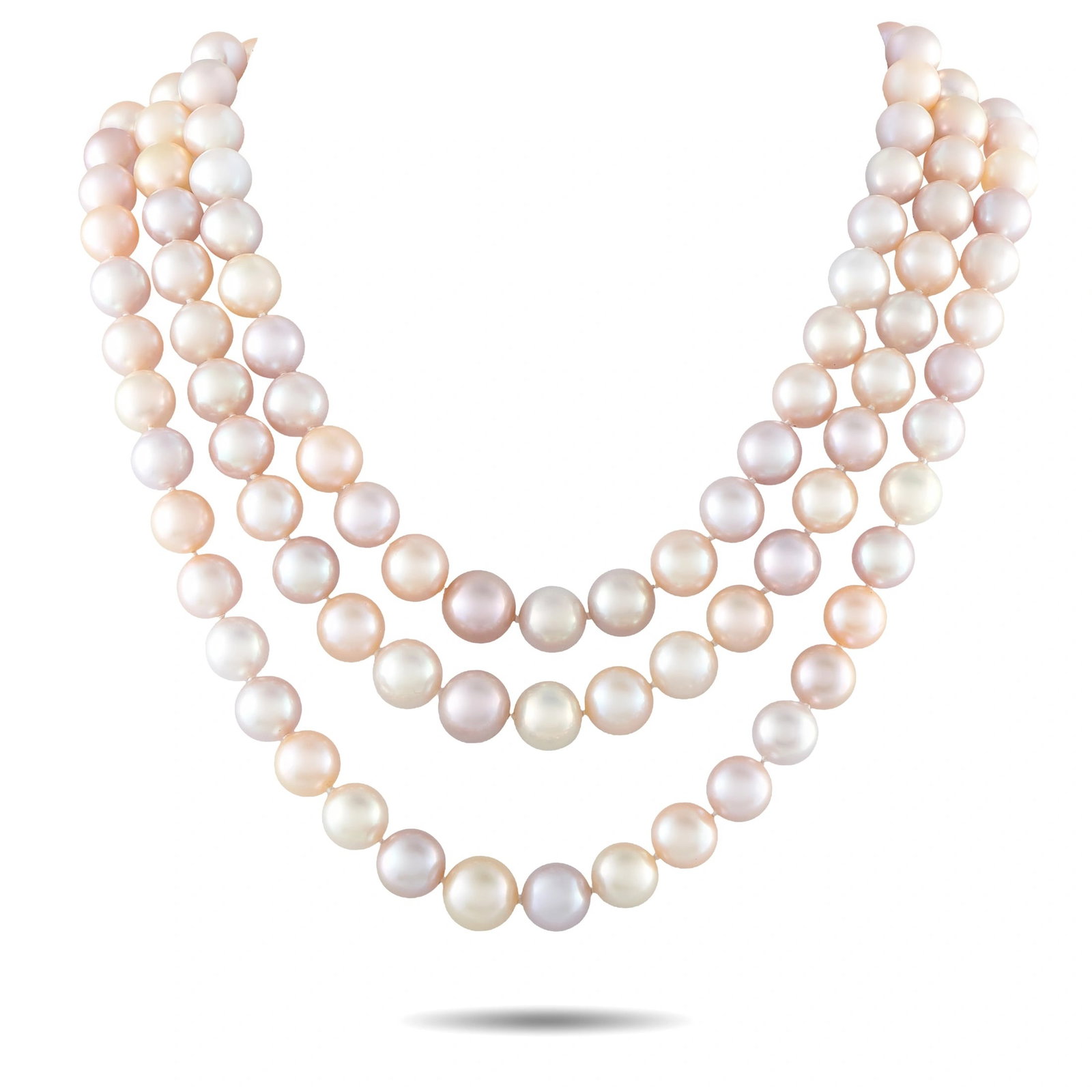 Mikimoto 18K Yellow Gold 0.25ct Diamond and Pink Pearl Necklace: This estate Mikimoto necklace features three strands of lustrous pink cultured pearls, graduating from approximately 9.5mm to 12.6mm, finished with a fluted 18K yellow gold clasp accented by 0.25 cara