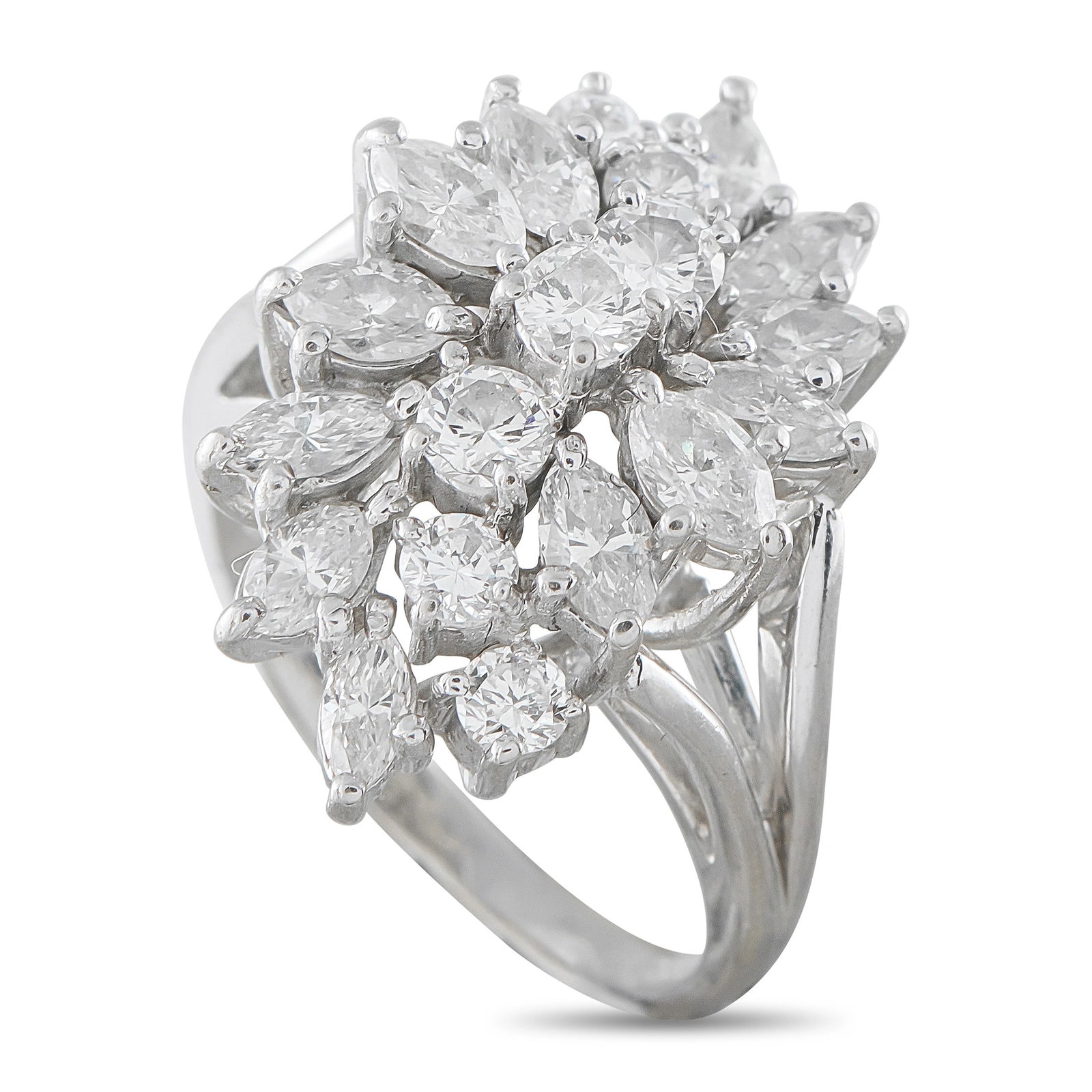14K White Gold 2.48ct Diamond Cluster Ring: This dazzling cluster ring is crafted in 14K white gold and set with a floral burst of marquise and round brilliant-cut diamonds totaling approximately 2.48 carats. The ring weighs 5.8 grams and featu