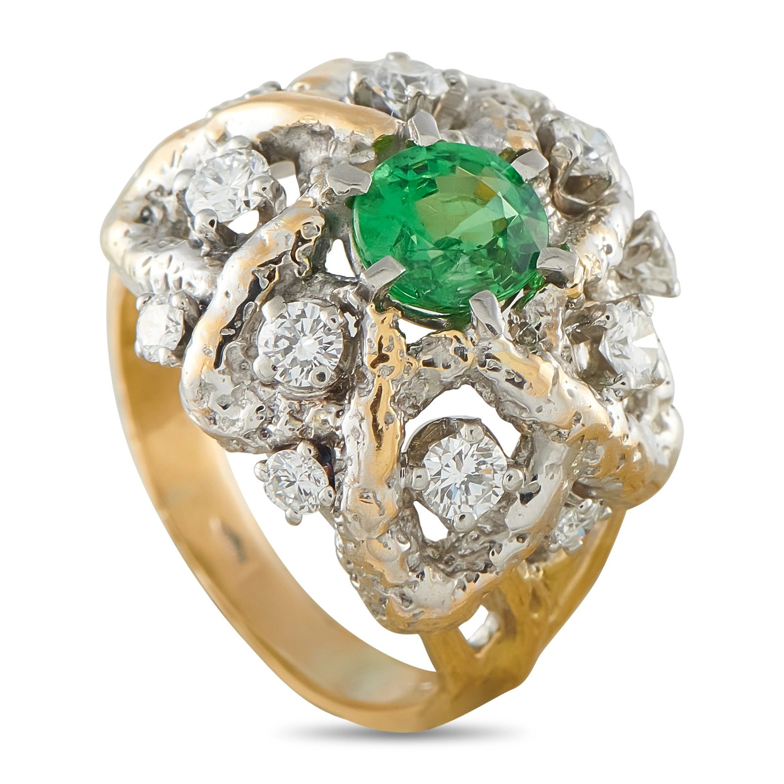 18K Yellow Gold 0.70ct Diamond and Tsavorite Ring: This ring is crafted in 18K yellow gold and centers a vivid green 1.30 carat tsavorite. The tsavorite is framed by 0.70 carats of round diamonds set into the gold mounting. The ring weighs 12.6 grams 