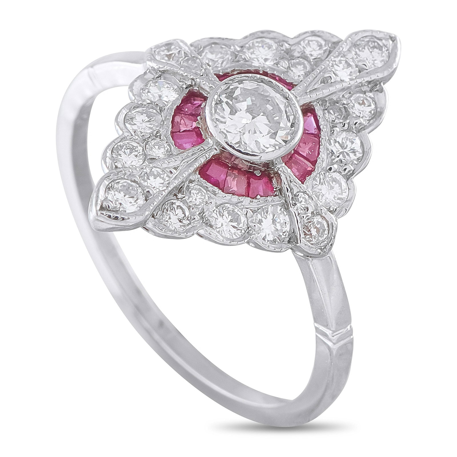 Platinum 0.70ct Diamond and Ruby Ring: This ring is crafted in platinum in an Art Deco-inspired design, centering on a round brilliant diamond of approximately 0.70 carats within a scalloped halo of pavé diamonds accented by fan-shaped