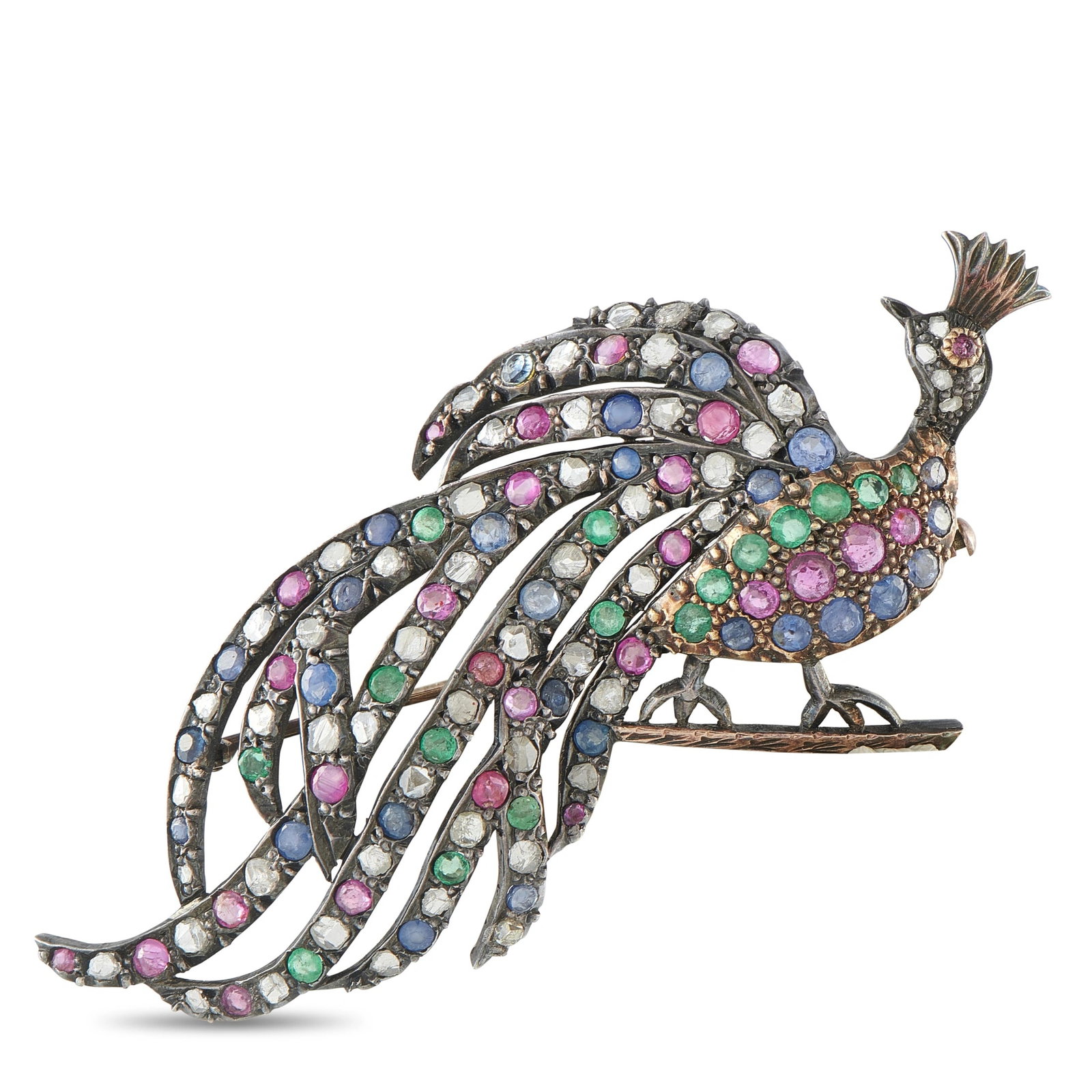 Antique 14K Rose Gold and Silver Diamond, Ruby, Sapphire, and Emerald Peacock Brooch: This magnificent antique brooch is crafted in silver-topped 14K rose gold in the realistic form of a peacock, its flowing tail feathers and body pavé-set with rose-cut diamonds, rubies, sapphires, an