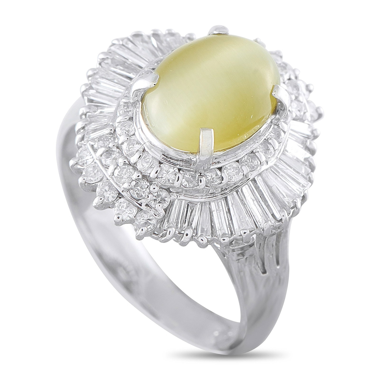 Platinum 0.82ct Diamond and Cat’s Eye Cocktail Ring: This cocktail ring showcases an oval cabochon-cut cat’s eye chrysoberyl weighing approximately 1.99 carats at the center, prized for its silky band of chatoyant light. It is surrounded by a ballerin