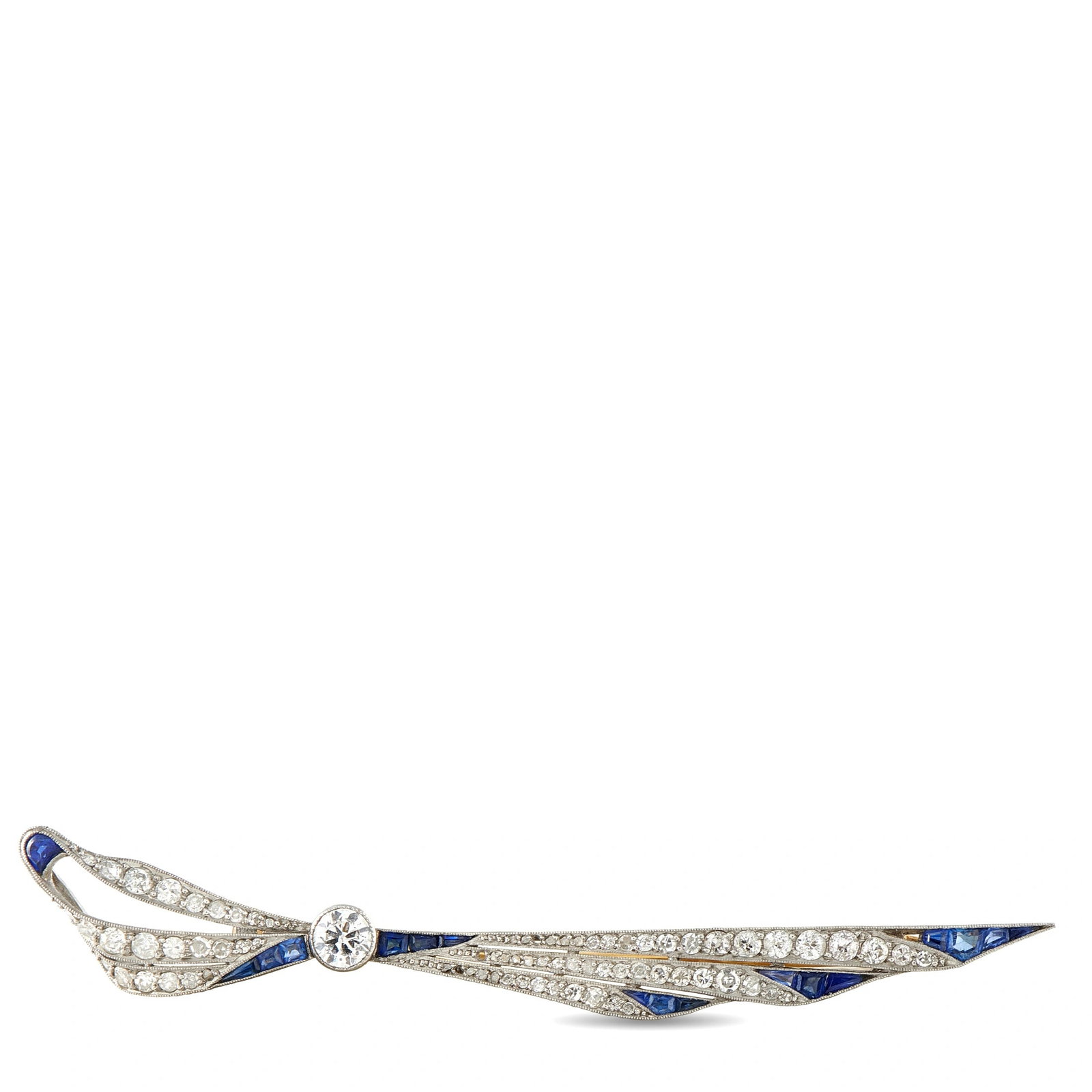 Antique Platinum and 18K Yellow Gold 0.90ct Diamond and Sapphire Brooch: This antique brooch is crafted in platinum with 18K yellow gold accents, featuring a flowing ribbon design set with old European and single-cut diamonds totaling approximately 0.90 carat, accented by 