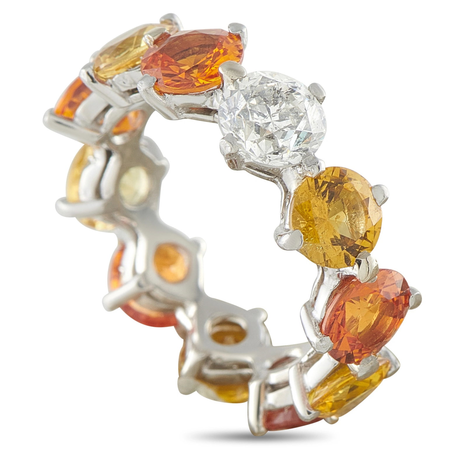 18K White Gold 0.85ct Diamond and Sapphire Eternity Ring: This eternity band ring is crafted in 18K white gold and set with approximately 8.0 carats of vividly colored orange and yellow sapphires alternating with round brilliant-cut diamonds totaling approxi