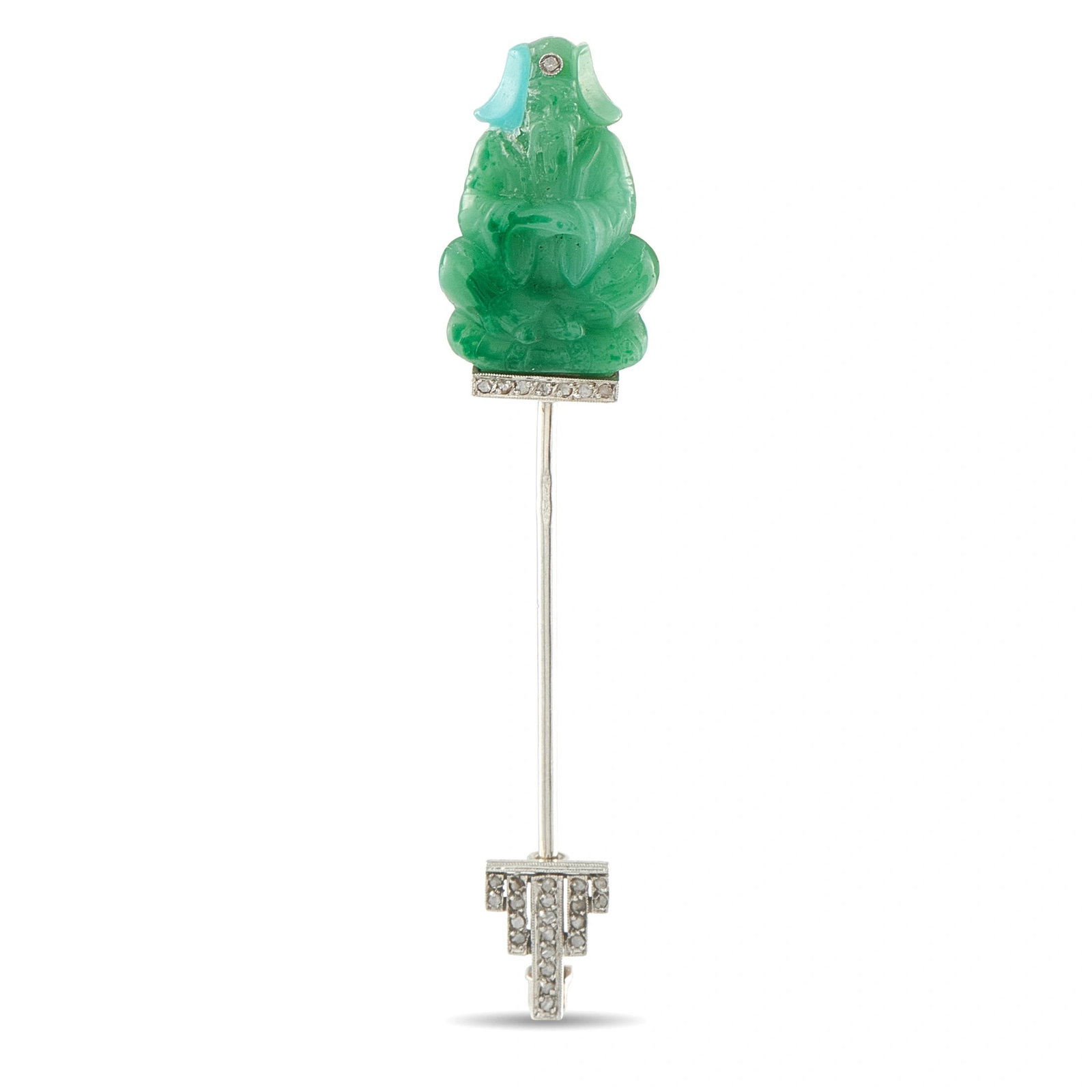 Antique 18K White Gold Carved Jade Jabot Pin: This French antique jabot pin is crafted in 18K white gold and centers on a finely carved jade figure, suspended above a diamond-set arrow-form terminal at the base of the pin stem. The two-part desig