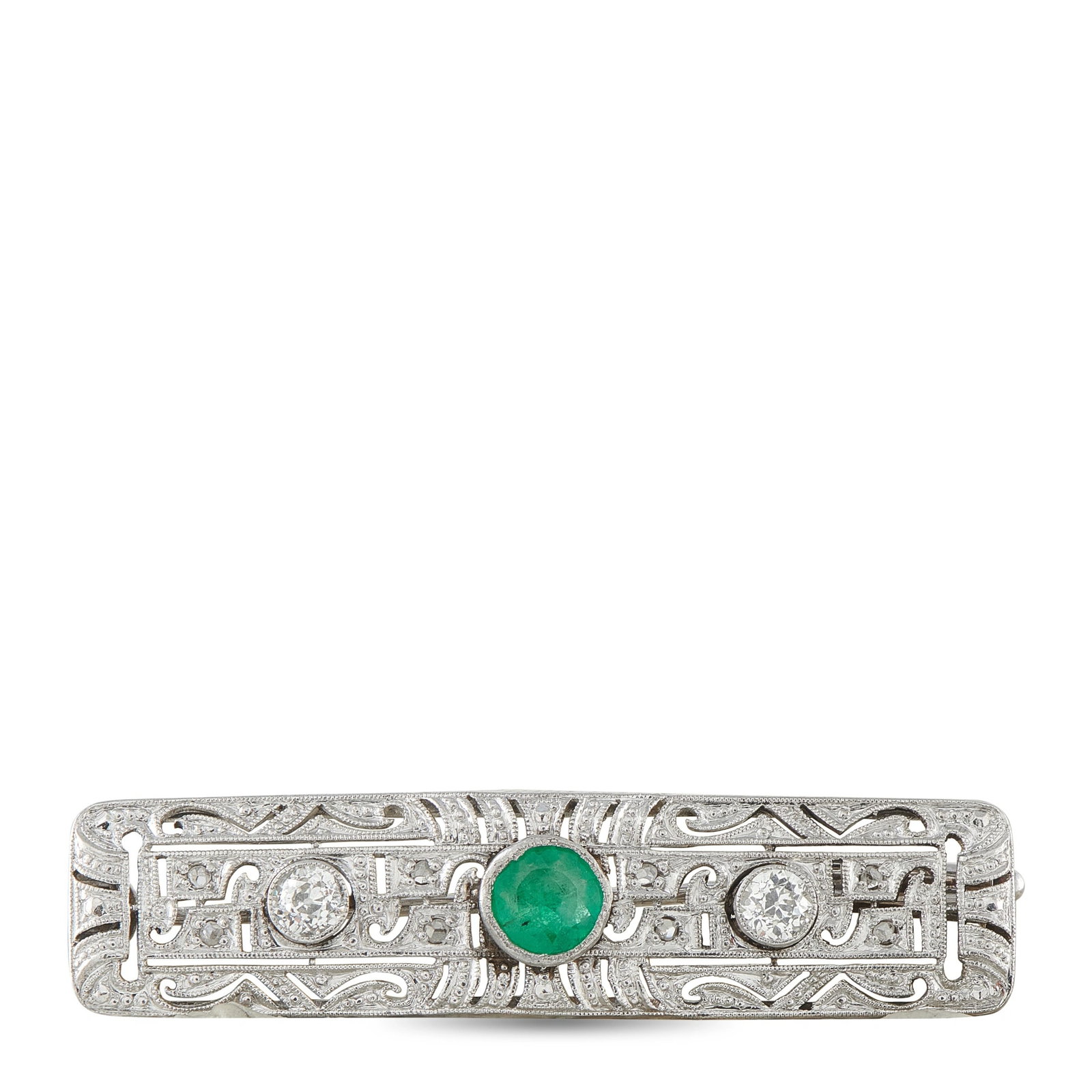 Antique 18K White Gold 0.50ct Diamond and Emerald Bar Brooch: This 18K white gold antique Art Deco-style bar brooch showcases a bezel-set round emerald at the center, flanked by two old-cut diamonds, all set within an elegant pierced filigree gallery with scroll