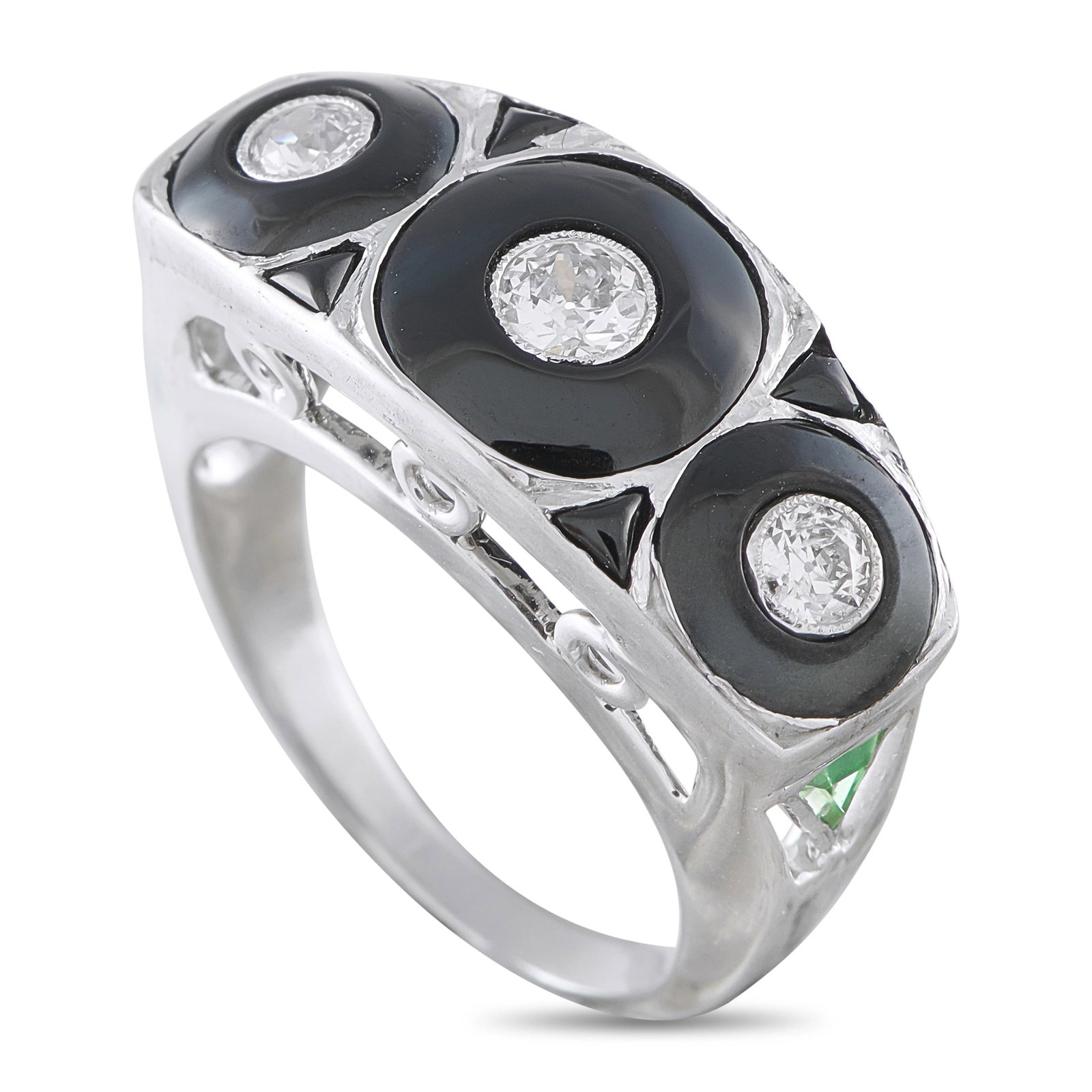 Antique Platinum 0.45ct Diamond and Onyx Ring: This striking antique platinum ring features three bezel-set old European-cut diamonds, totaling approximately 0.45 carats, each framed within polished black onyx halos. Delicate green gemstone accent