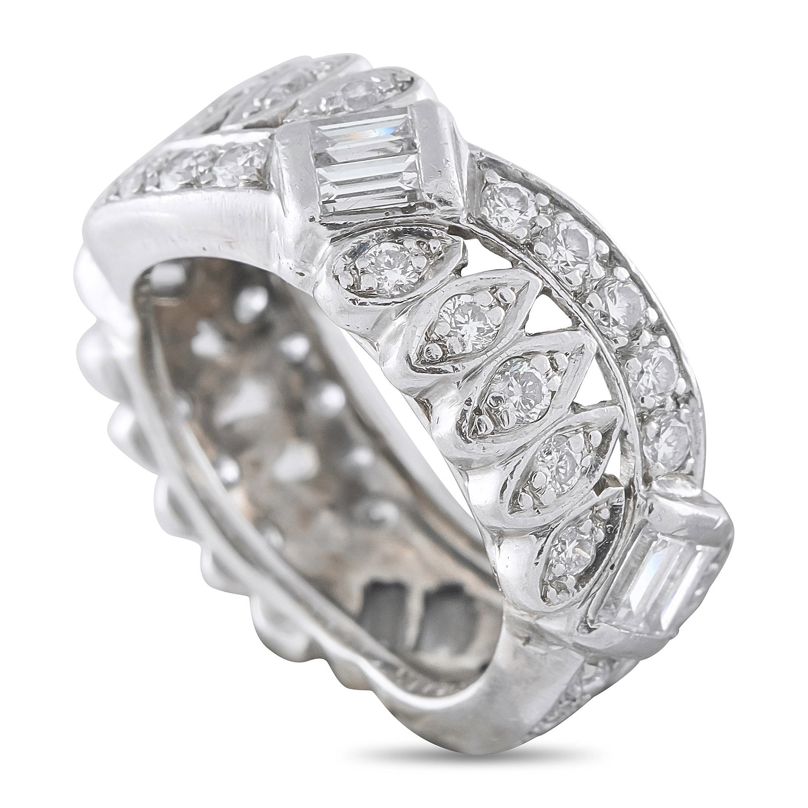 Antique Platinum 1.44ct Diamond Eternity Band: This antique platinum eternity band showcases an alternating pattern of baguette and round brilliant-cut diamonds set within an open, pierced gallery, totaling approximately 1.44 carats. Crafted in pl
