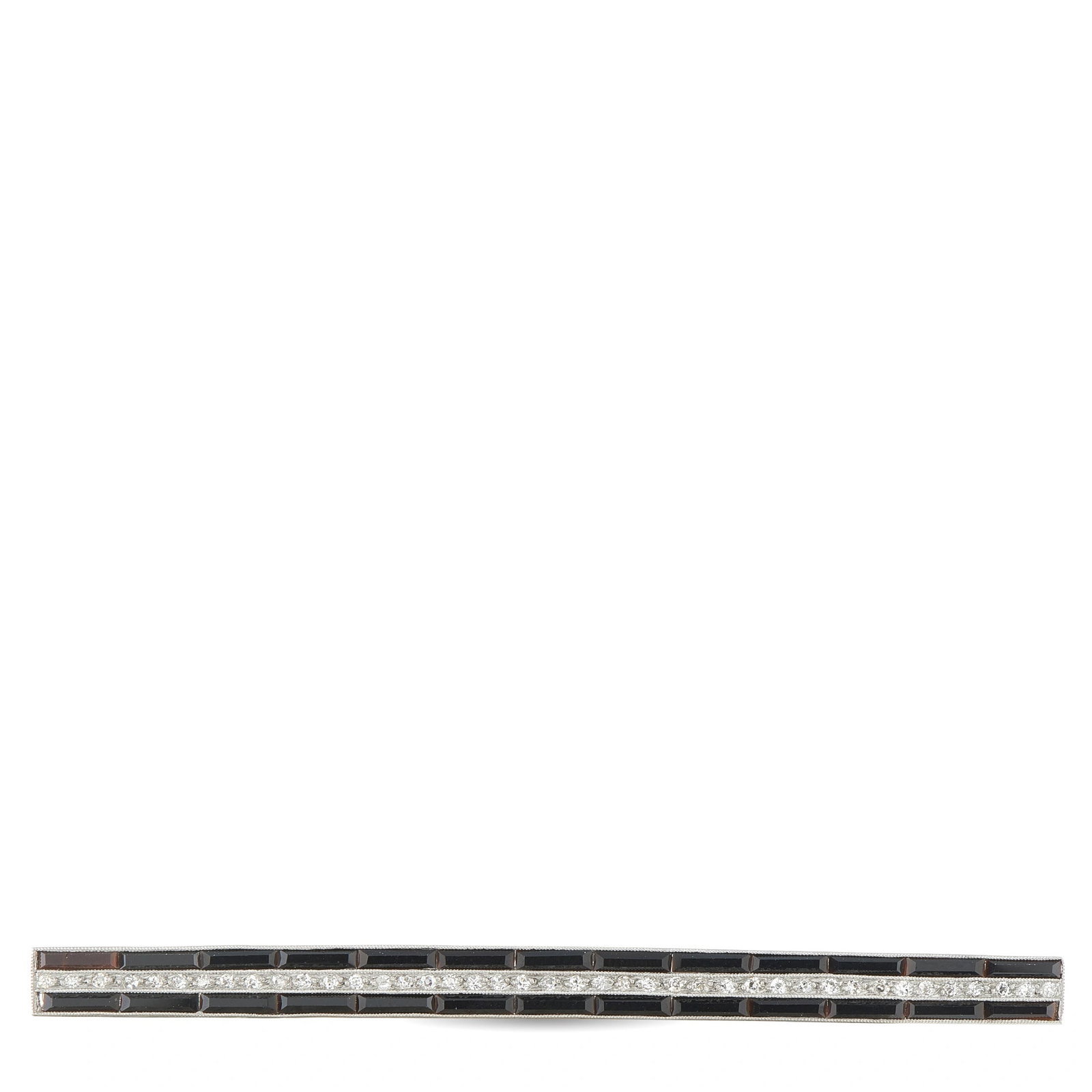 Antique 18K White Gold 0.65ct Diamond and Onyx Bar Brooch: Crafted in 18K white gold, this elegant antique-style bar brooch features two rows of channel-set onyx baguettes framing a central row of round brilliant diamonds totaling approximately 0.65 carats, f