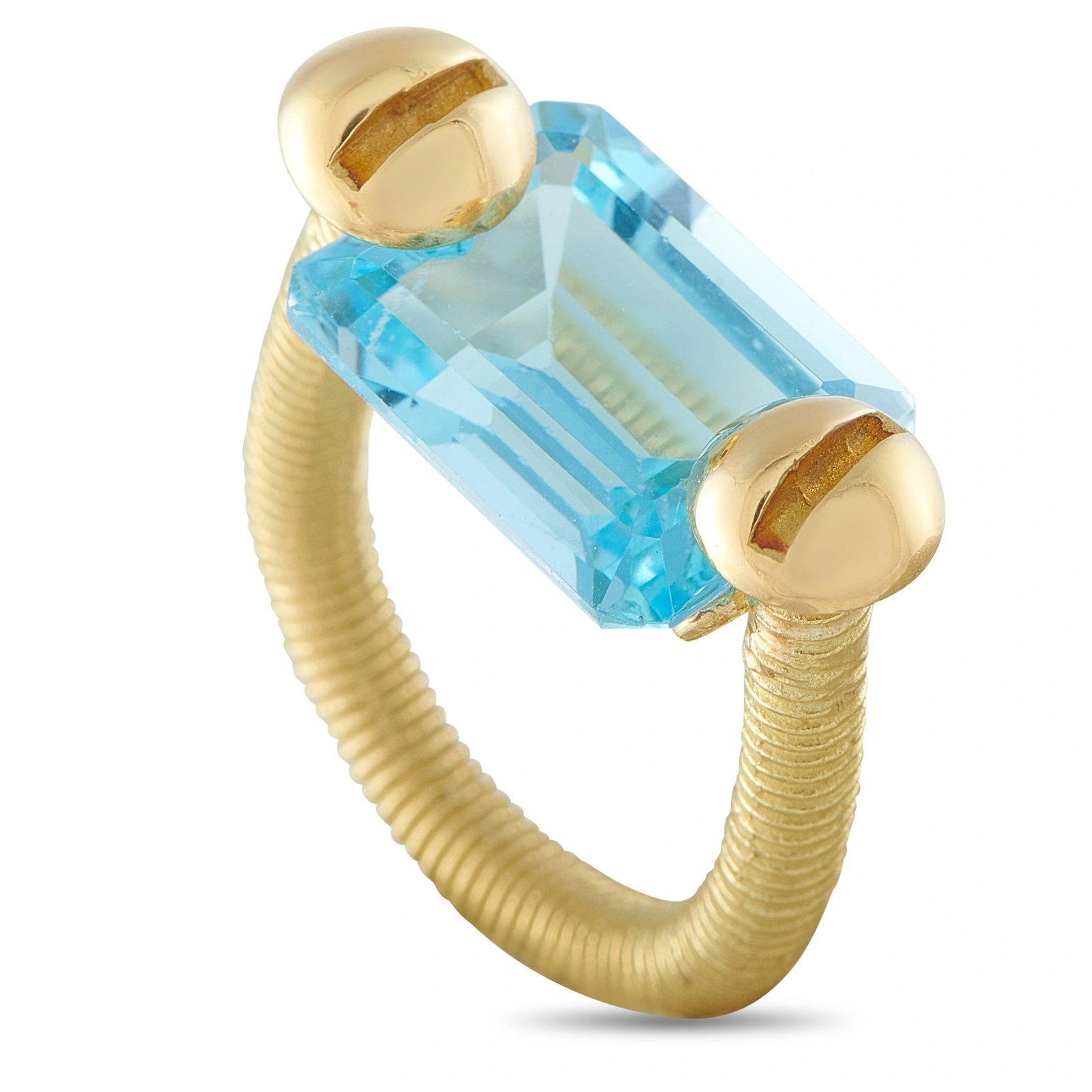18K Yellow Gold Topaz Ring: This ring showcases a large emerald-cut blue topaz set between two polished gold bead terminals atop a coiled 18K yellow gold shank. The sculptural, spring-like band offers a modern contrast to the cl