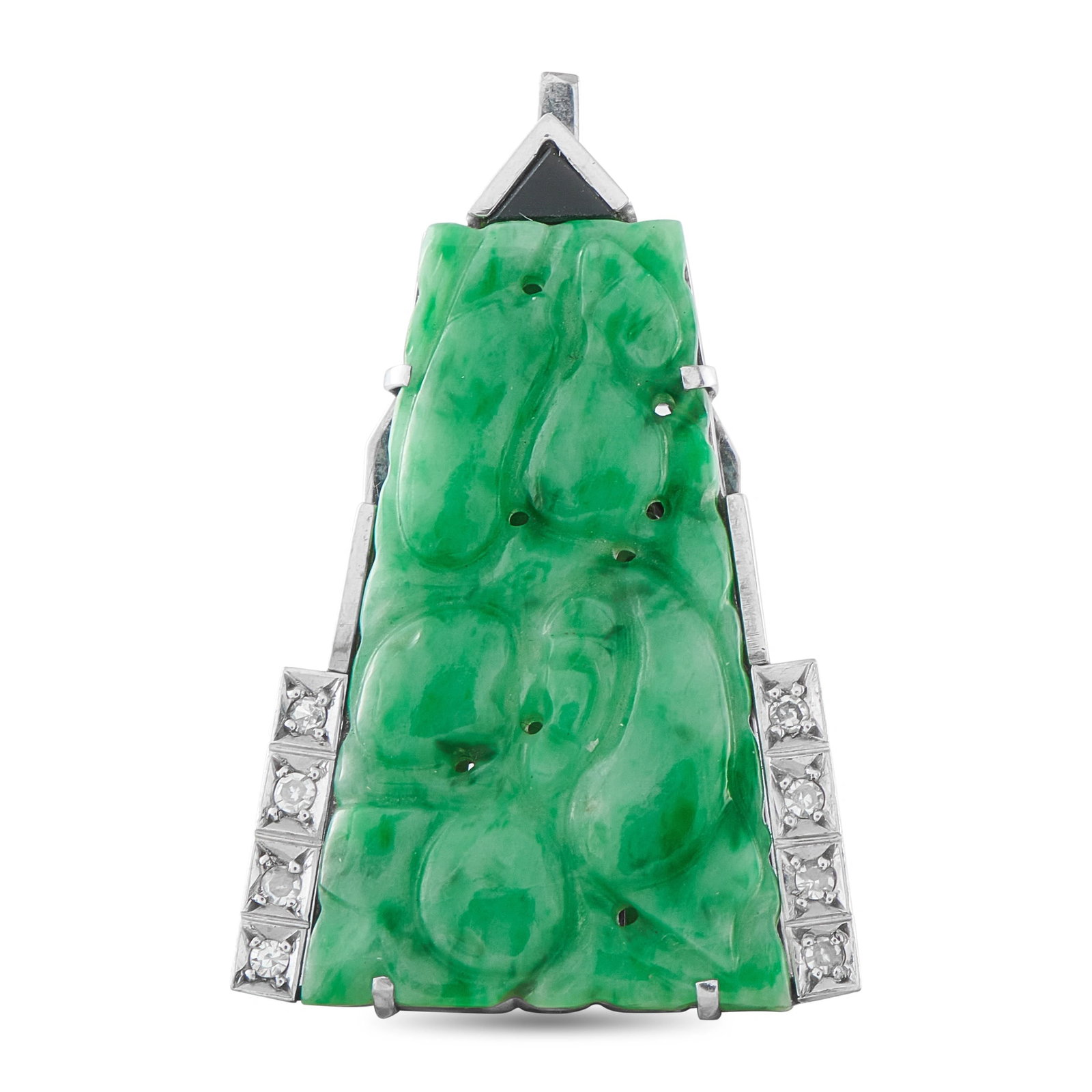 14K White Gold Diamond Carved Jade Art Deco Brooch: This 14K white gold brooch showcases a beautifully hand-carved jade plaque in a classic Art Deco silhouette, accented with sparkling diamond melee along its tapered, stepped sides. This estate piece w