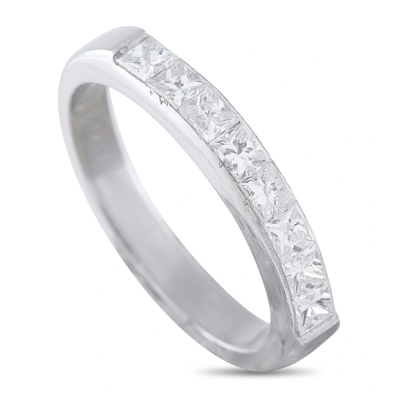 Platinum 0.88ct Diamond Ring: This elegant platinum wedding band features a channel-set row of princess-cut diamonds totaling approximately 0.88 carats. Crafted in solid platinum weighing 5.6 grams, the sleek band offers a polishe