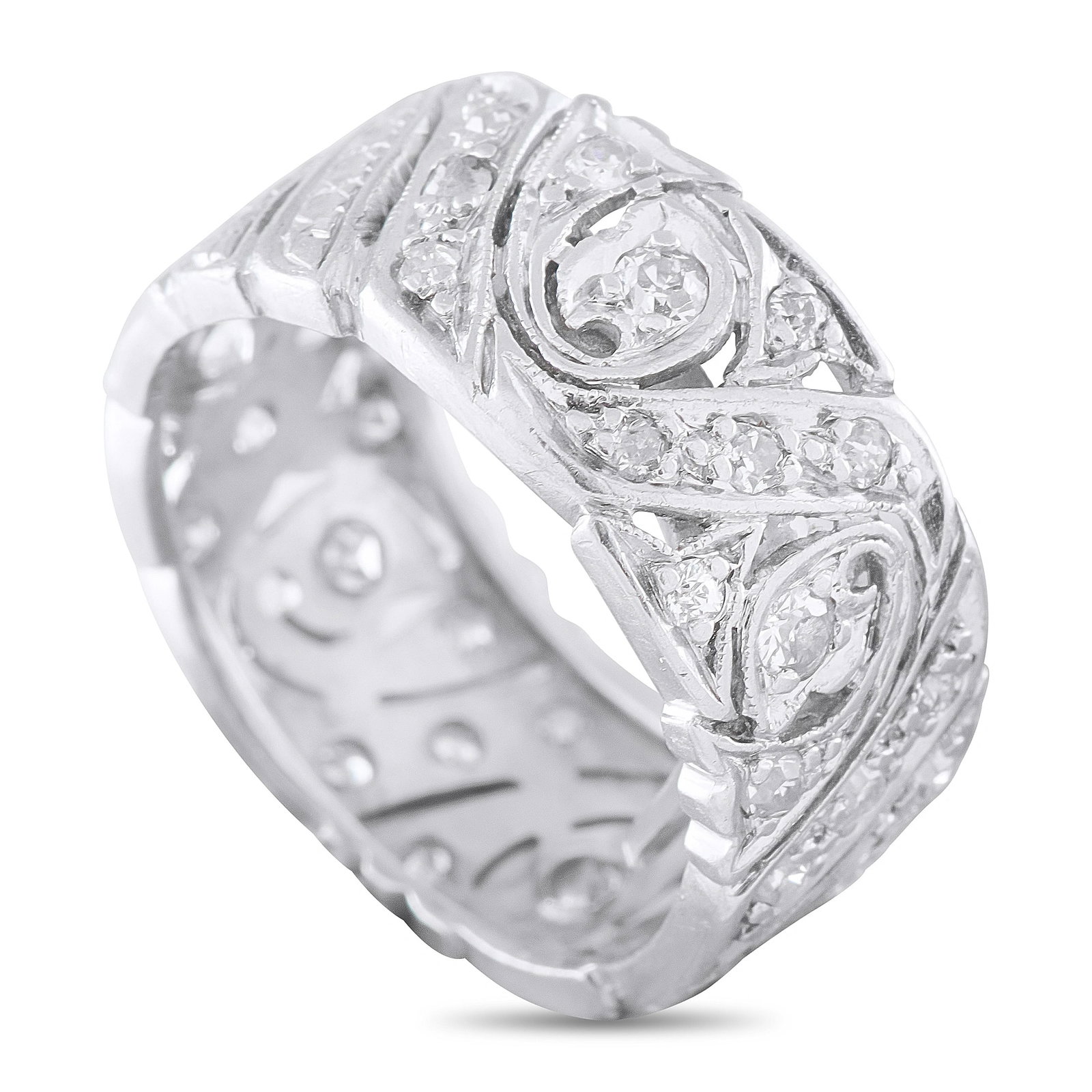Platinum 0.50ct Diamond Filigree Band: This platinum wide band ring features an intricate Art Deco-inspired filigree design with swirling scrollwork pave-set with round diamonds, totaling approximately 0.50 carats. Crafted in solid platinu