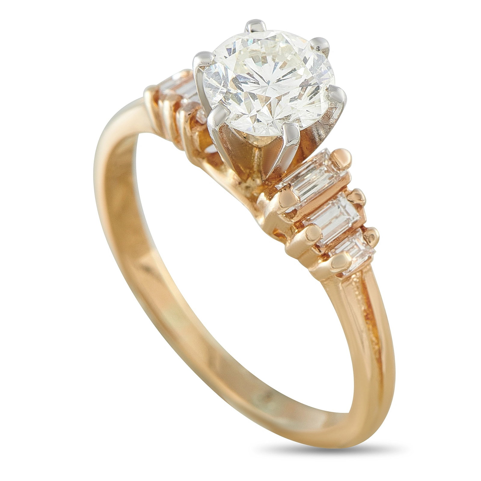 14K White Gold 1.10ct Diamond Ring: This classic engagement ring is crafted in 14K white gold and centers a round brilliant-cut diamond weighing approximately 0.90 carats, flanked by baguette-cut diamond accents on the shoulders totalin