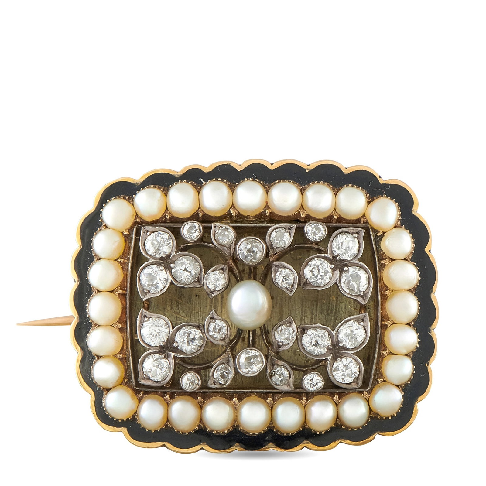 Antique 14K Rose Gold Diamond, Pearl, and Enamel Brooch: This antique 14K rose gold brooch is set with old mine-cut diamonds arranged in a foliate motif, centered by a lustrous natural pearl and bordered by a ring of natural seed pearls, all outlined in bla