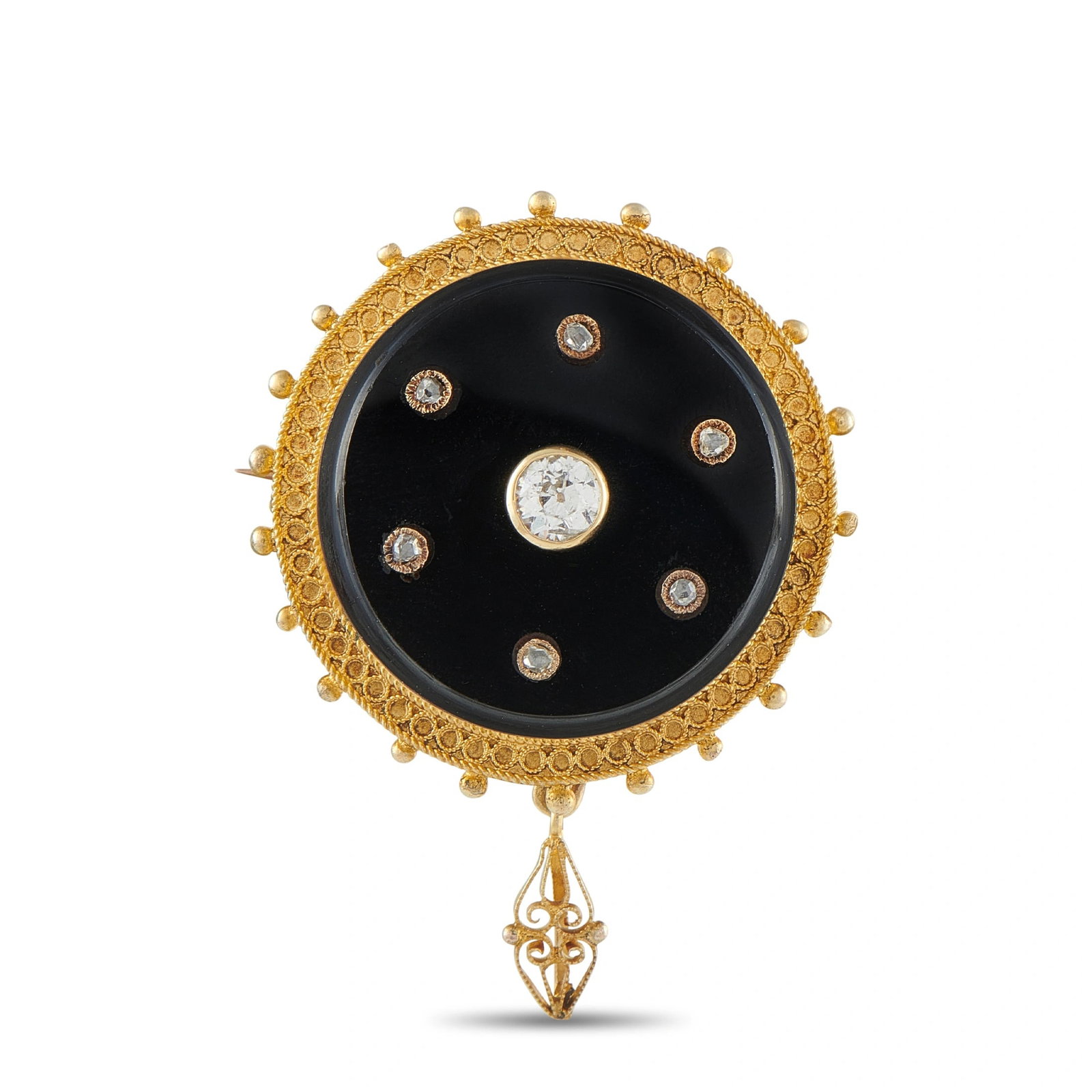 Antique 18K Yellow Gold 0.50ct Diamond and Agate Brooch: This antique brooch centers on a round black agate plaque set within a finely beaded 18K yellow gold frame, accented by old mine-cut diamonds totaling approximately 0.50 carats arranged in a radiating