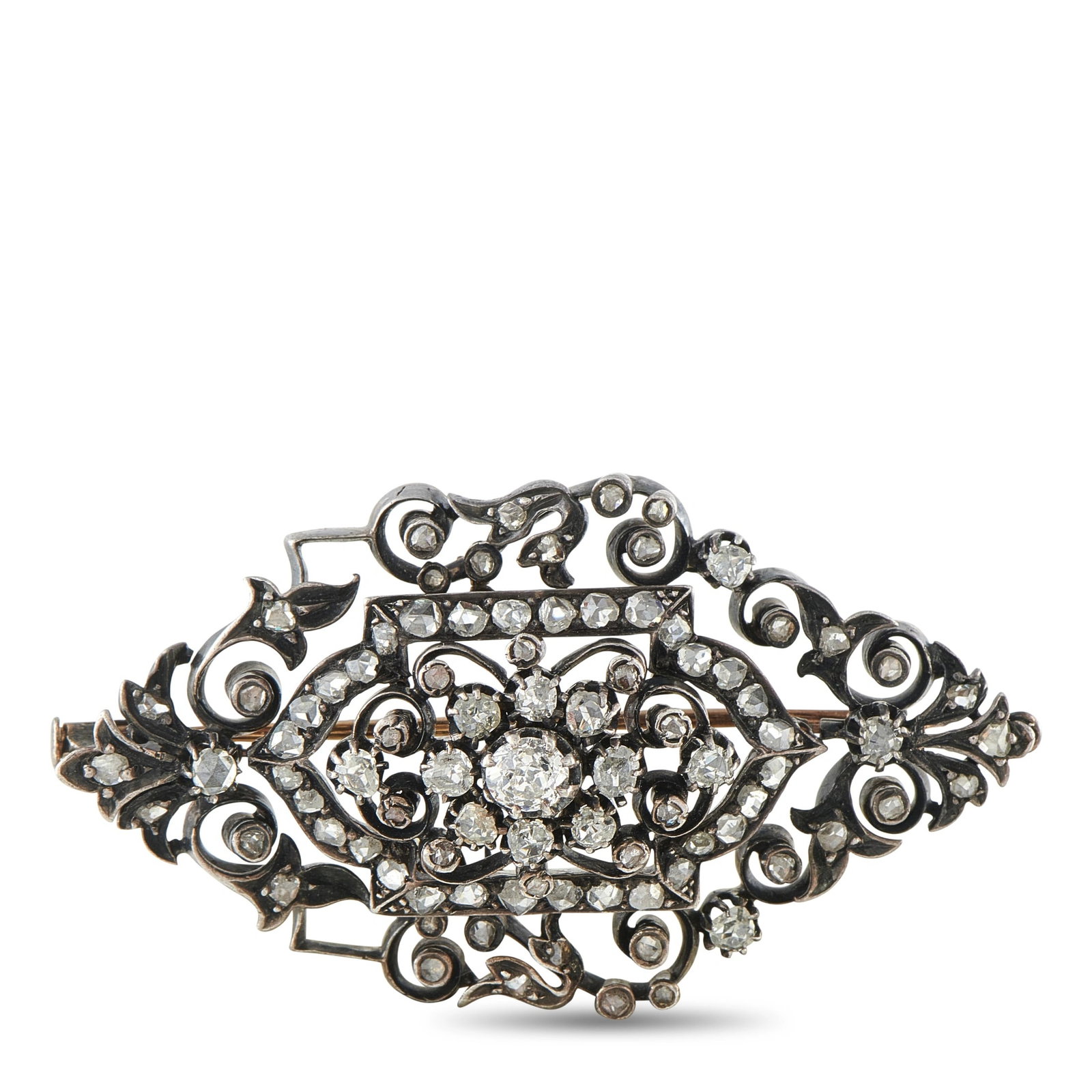 14K White Gold and Silver 1.0ct Diamond Victorian Brooch: This antique Victorian-style brooch is crafted in 14K white gold with silver top detailing, showcasing intricate scrollwork set throughout with approximately 1.0 carat total weight of rose and old min