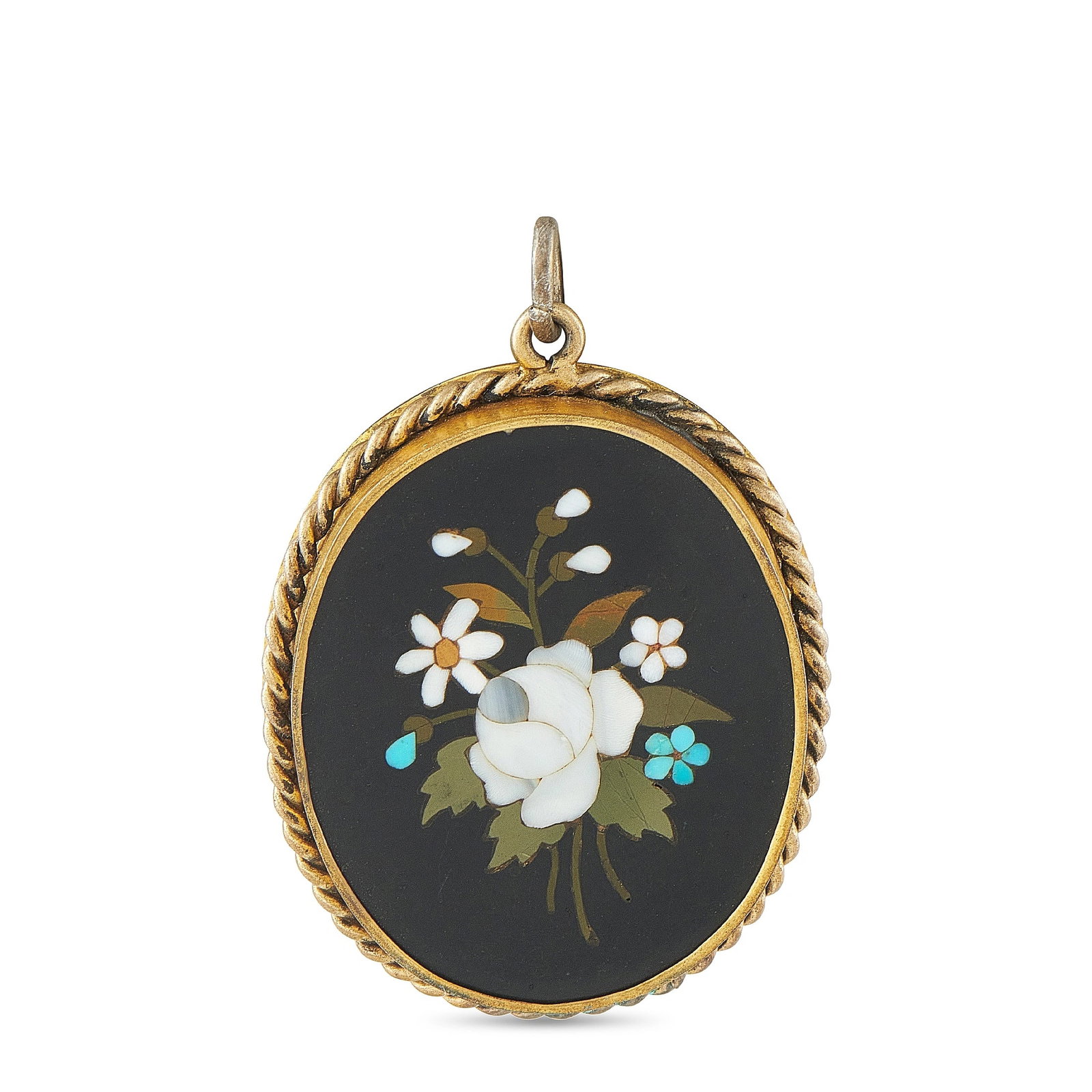 10K Yellow Gold Mosaic Flower Brooch: This antique-style brooch is crafted in 10K yellow gold and centers an oval pietra dura mosaic depicting a floral bouquet inlaid with petals and forget-me-nots against a black ground, finished with a 
