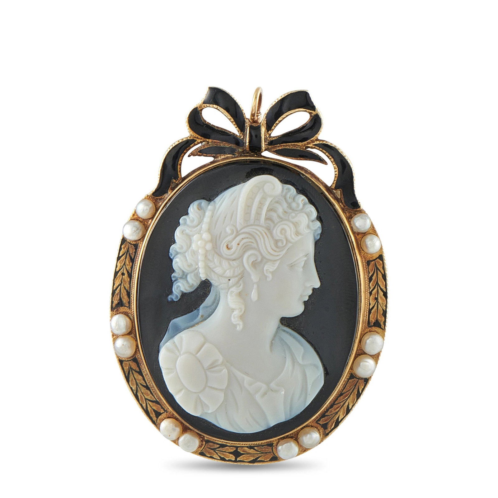 Antique 14K Yellow Gold Enameled Cameo Brooch: This antique 14K yellow gold brooch features a finely carved cameo depicting a woman’s profile in relief, framed by a border of seed pearls and finished with black enamel bow and foliate detailing. 