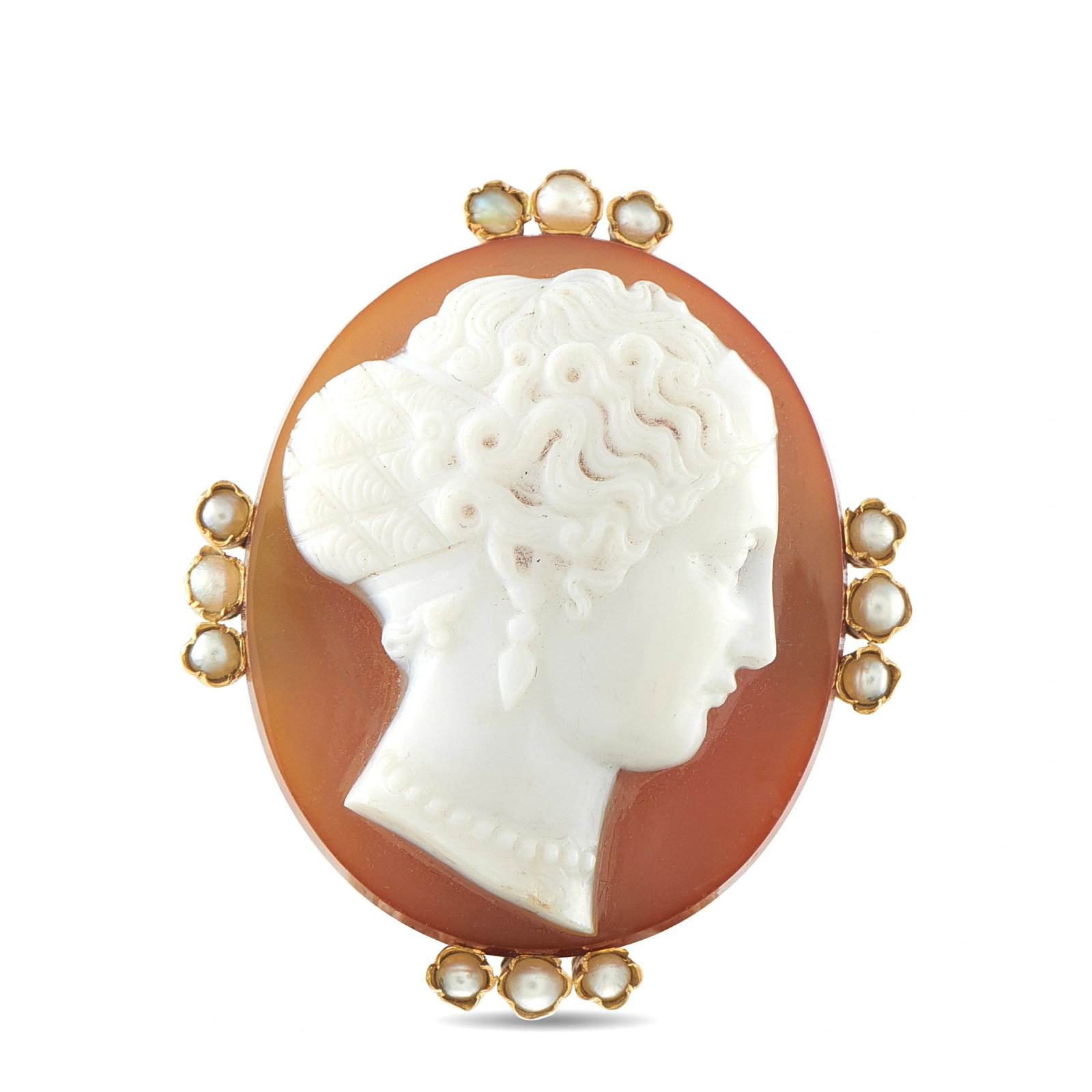 14K Rose Gold Hardstone Agate and Pearl Cameo Brooch: This Victorian-style brooch is crafted in 14K rose gold and features a finely carved hardstone agate cameo depicting a woman’s profile in relief, framed by a halo of natural pearls set in gold quatr