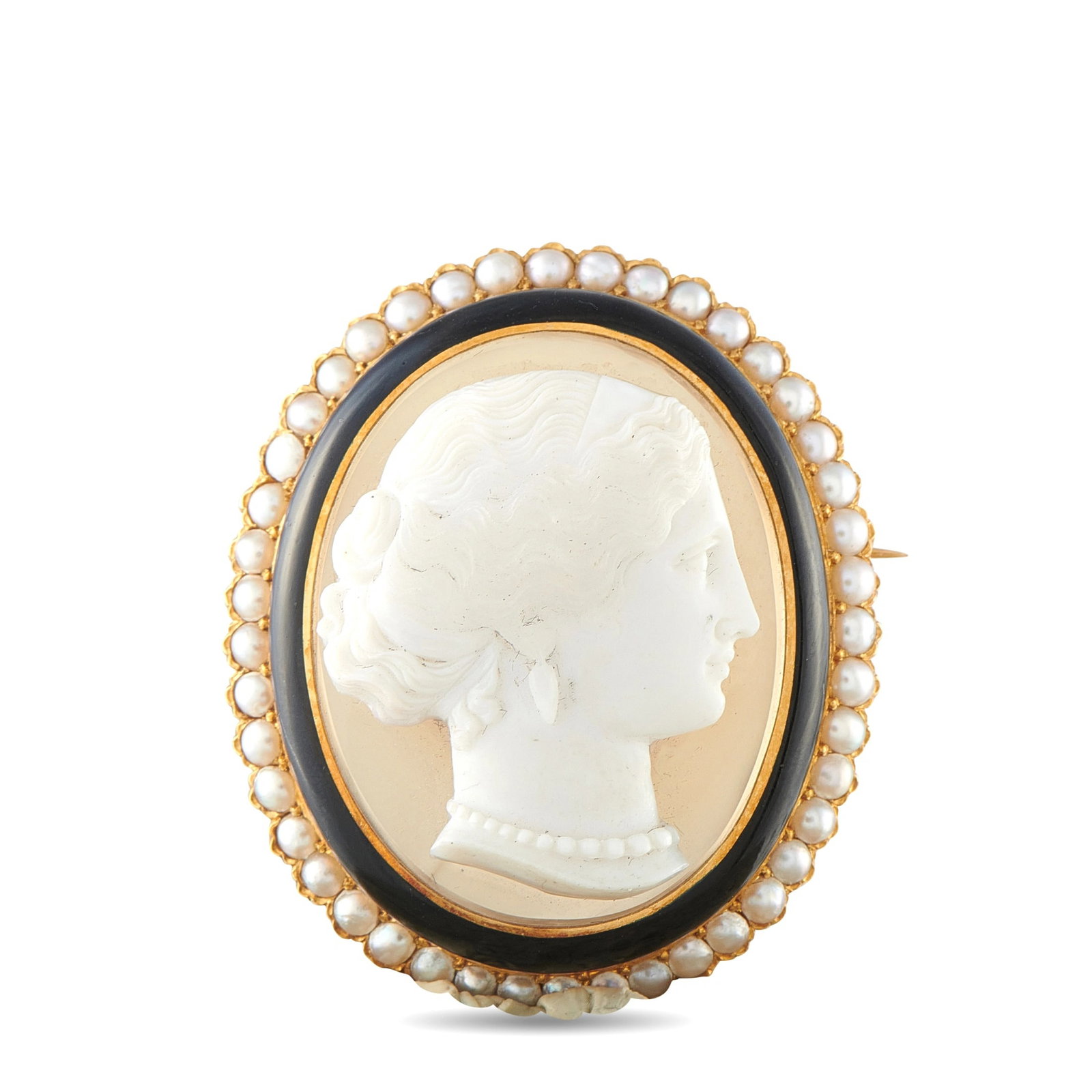 Antique 18K Yellow Gold Hardstone and Pearl Cameo Brooch: This antique brooch features a finely carved hardstone cameo depicting a lady’s profile in high relief, framed by a black onyx border and encircled by a halo of natural seed pearls, all set in 18K y